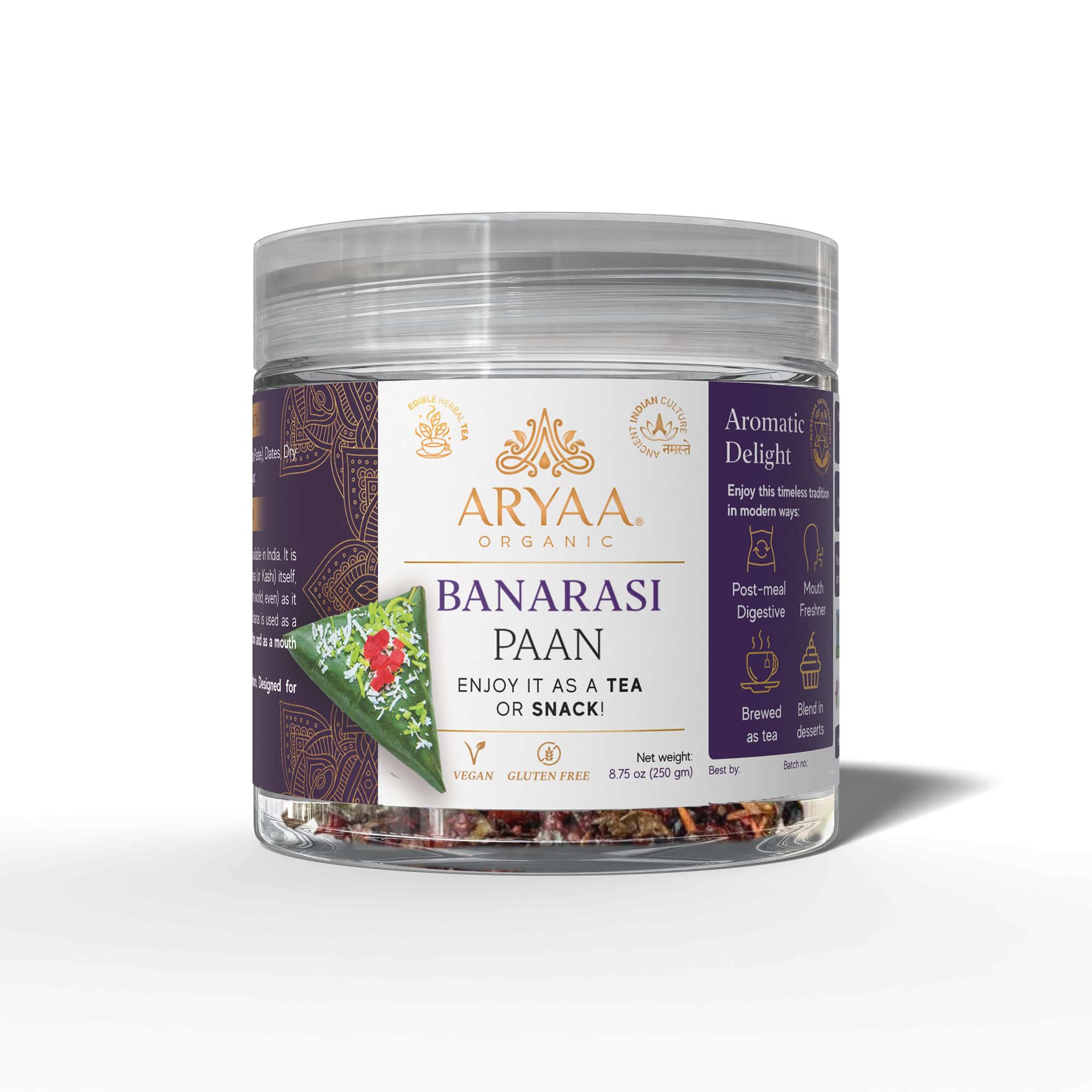 Aryaa Organic Banarasi Paan l 8.75oz (250gm) Herbal Tea & Digestive Snack | | Shredded l 100% Natural, Vegan, Gluten-Friendly | Non-GMO | Authentic
