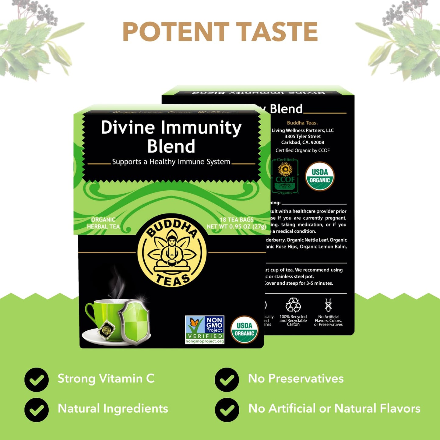 Buddha Teas - Organic Divine Immunity Blend - Herbal Tea - For Health & Wellbeing - With Antioxidants & Minerals - Clean Ingredients - Caffeine Free