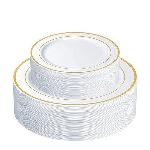 SETUP 60-Piece Gold Trim Plastic Dinnerware Set - 30 10.25" Dinner & 30 7.5" Salad Plates - Heavy-Duty Disposable for Weddings, Catering, Parties