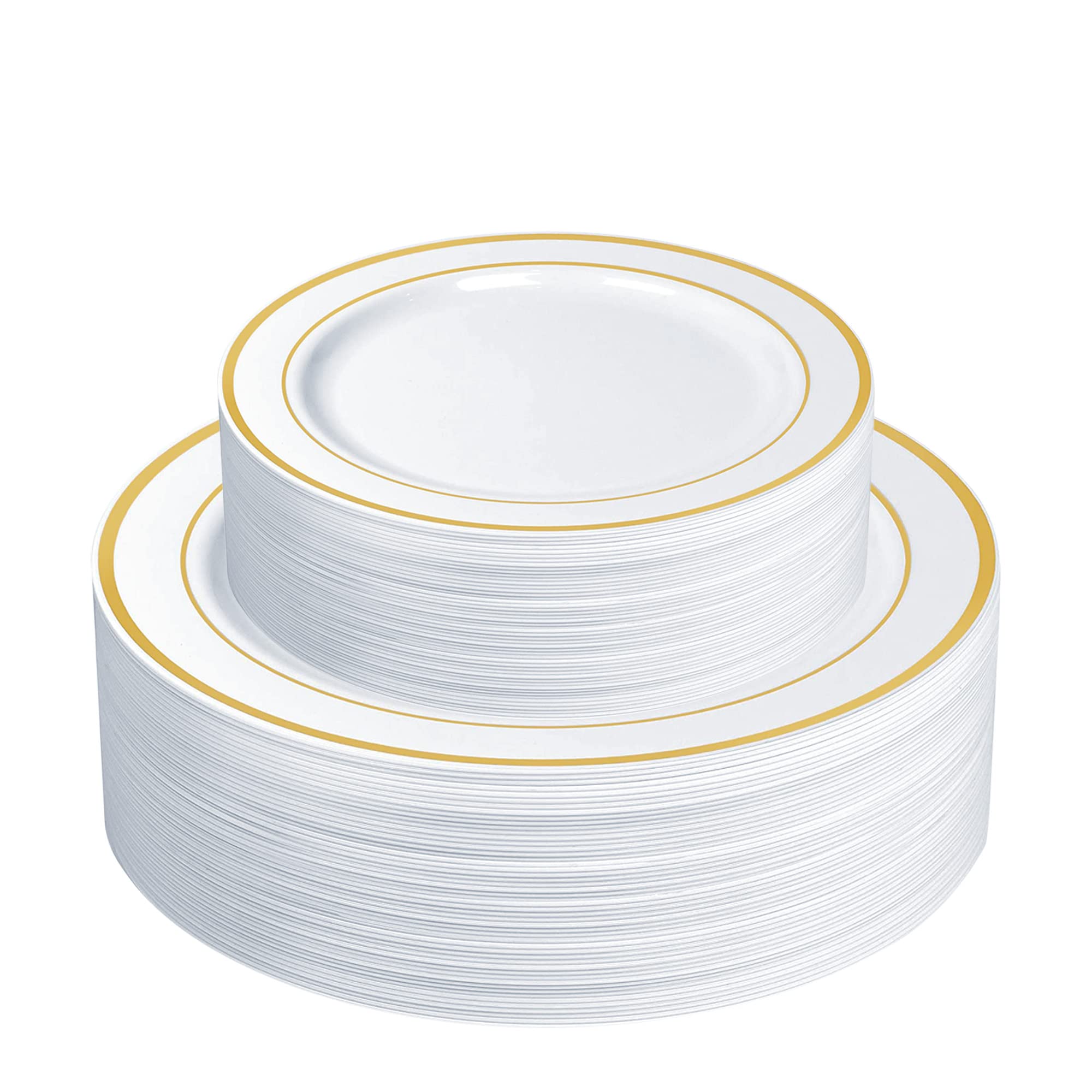 SETUP 60-Piece Gold Trim Plastic Dinnerware Set - 30 10.25" Dinner & 30 7.5" Salad Plates - Heavy-Duty Disposable for Weddings, Catering, Parties