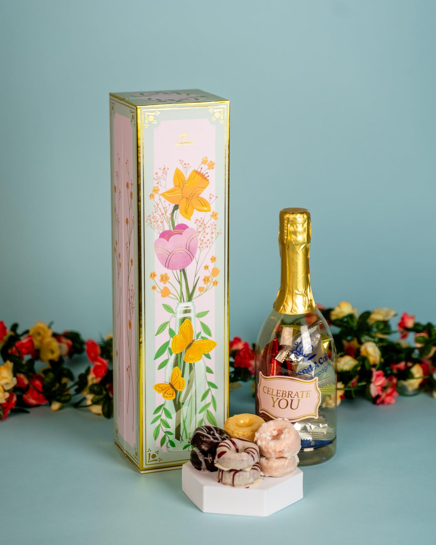 Floral Bubble Surprise Gift Box by Send A Cake- Ready to Gift, No Assembly Required with 8 Mini Cake Donuts - Gift for Women, Men, Sister, Mom, Dad