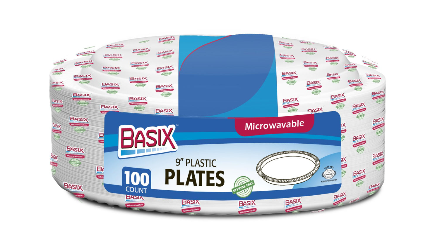 Basix 9 inch Plastic Plates Microwave Safe 100 Count, White