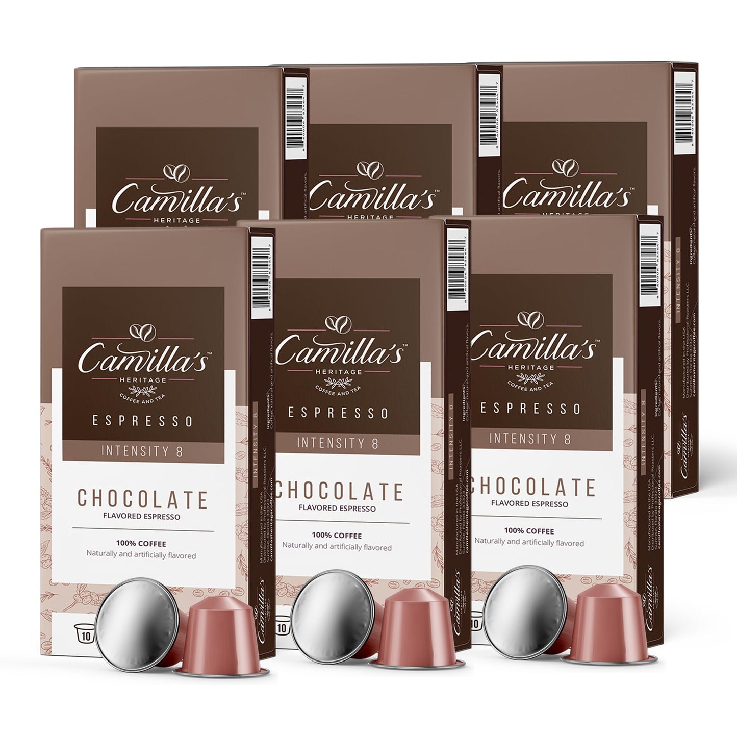Camilla’s Heritage - Intensity 8 Chocolate Flavored Espresso Coffee, Gourmet Espresso Cups, 60 Coffee Pods