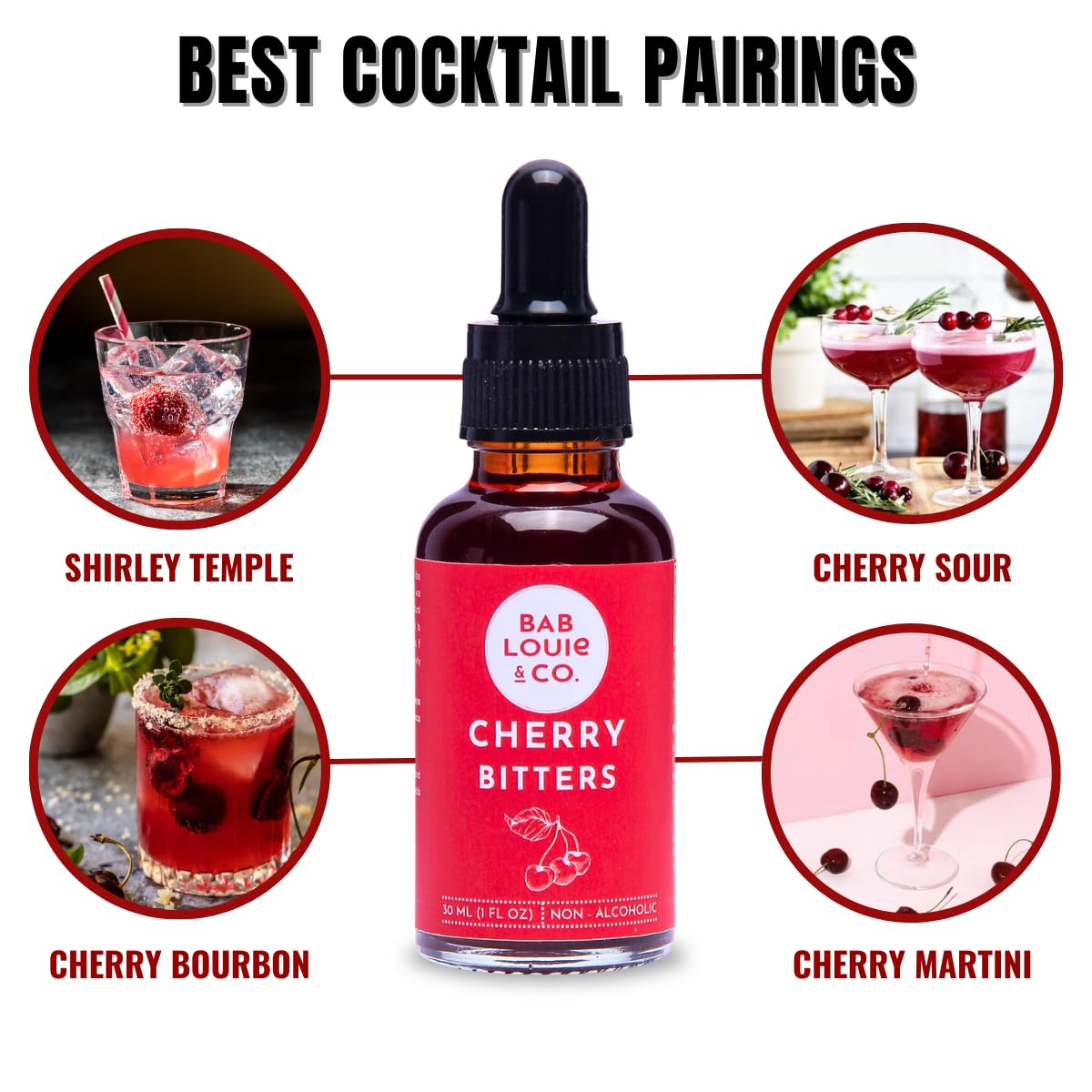 Bab Louie & Co. Cherry Bitters, Non Alcoholic Bitter for Cocktails Old Fashioned Mix (30ml/1 Fl. Oz) Bitters for Cocktails Whiskey Sour Mix, Mocktails