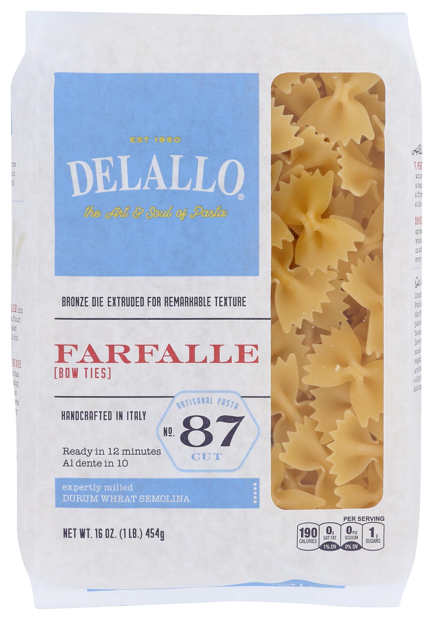 DeLallo Farfalle Pasta, Bow-Tie Shape, Made in Italy, Bronze Cut, Made with Only 100% Durum Wheat Semolina Flour, All Natural, Non-GMO, Kosher