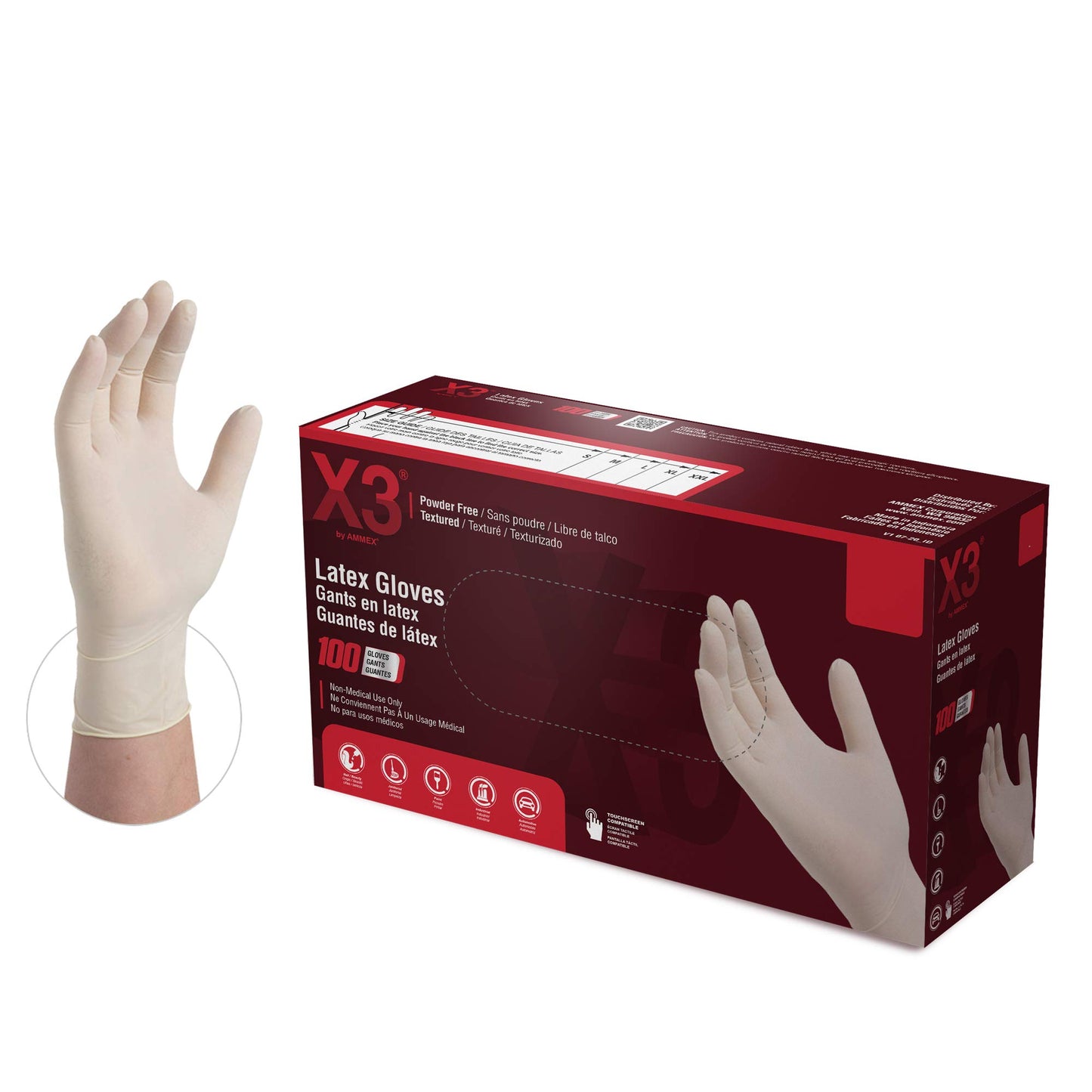 X3 Industrial Ivory Latex Gloves, Box of 100, 3 Mil, Size Small, Powder Free, Textured, Disposable, LX342100-BX