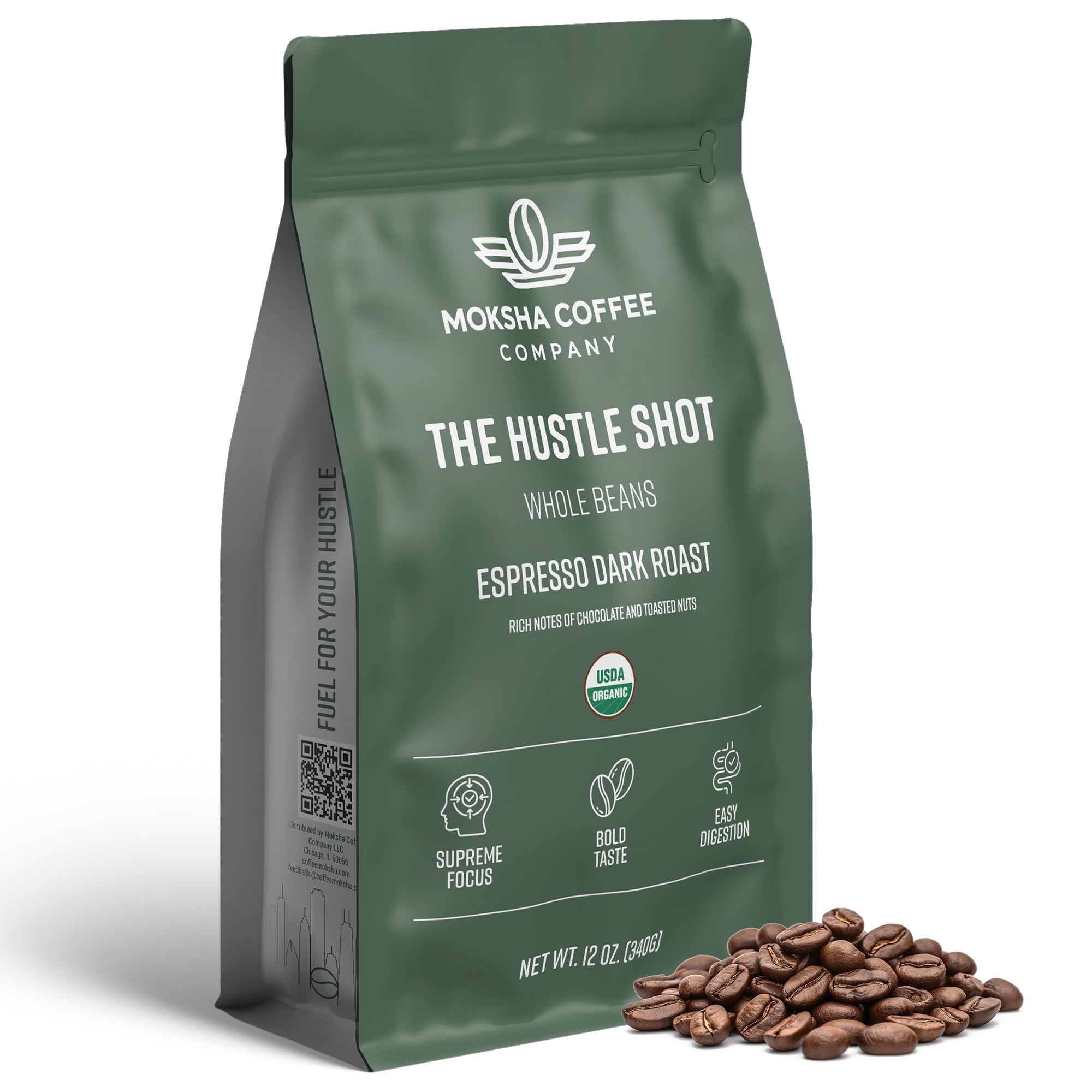 Moksha Organic Espresso Coffee Whole Beans, Premium Guatemala, Huehuetenango. Low Acid, Easy Digestion, Non-GMO. Coffee Beans Dark Roasted in Small