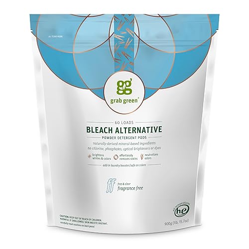 Grab Green Bleach Alternative Pods, 60 Count, Chlorine Free, Fragrance Free, Plant and Mineral Based, Laundry Booster to Brighten Whites, Removes