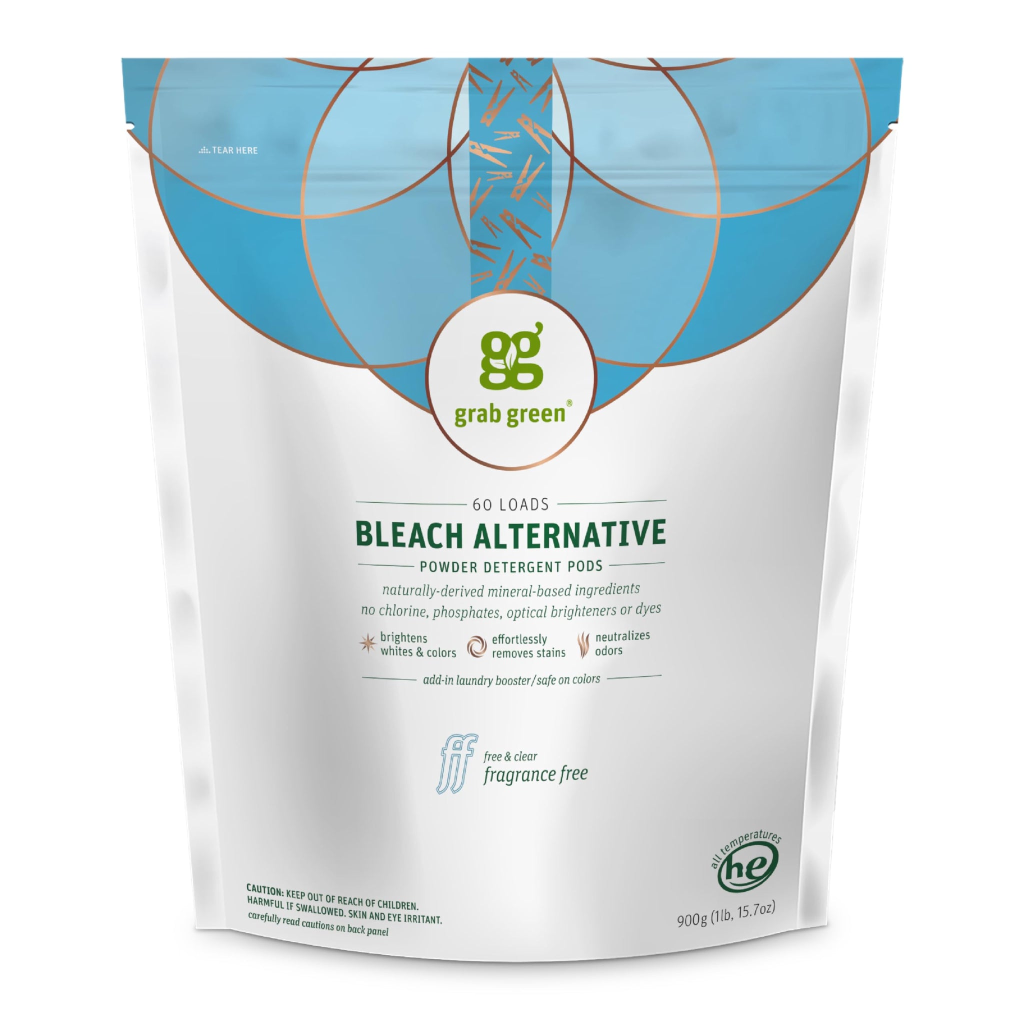 Grab Green Bleach Alternative Pods, 60 Count, Chlorine Free, Fragrance Free, Plant and Mineral Based, Laundry Booster to Brighten Whites, Removes