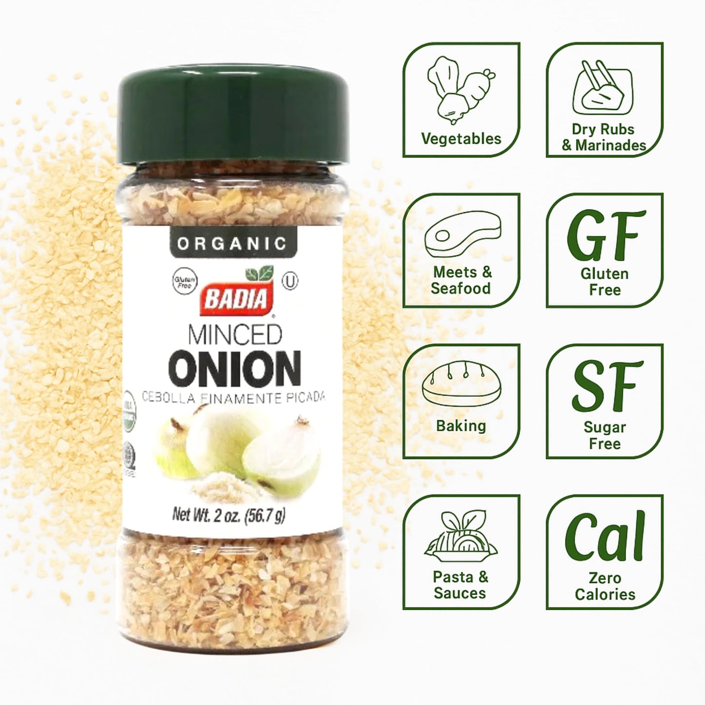 Badia Organic Minced Onion, 2 oz - Dehydrated Onion Flakes for Cooking & Seasoning - Rich, Savory Flavor