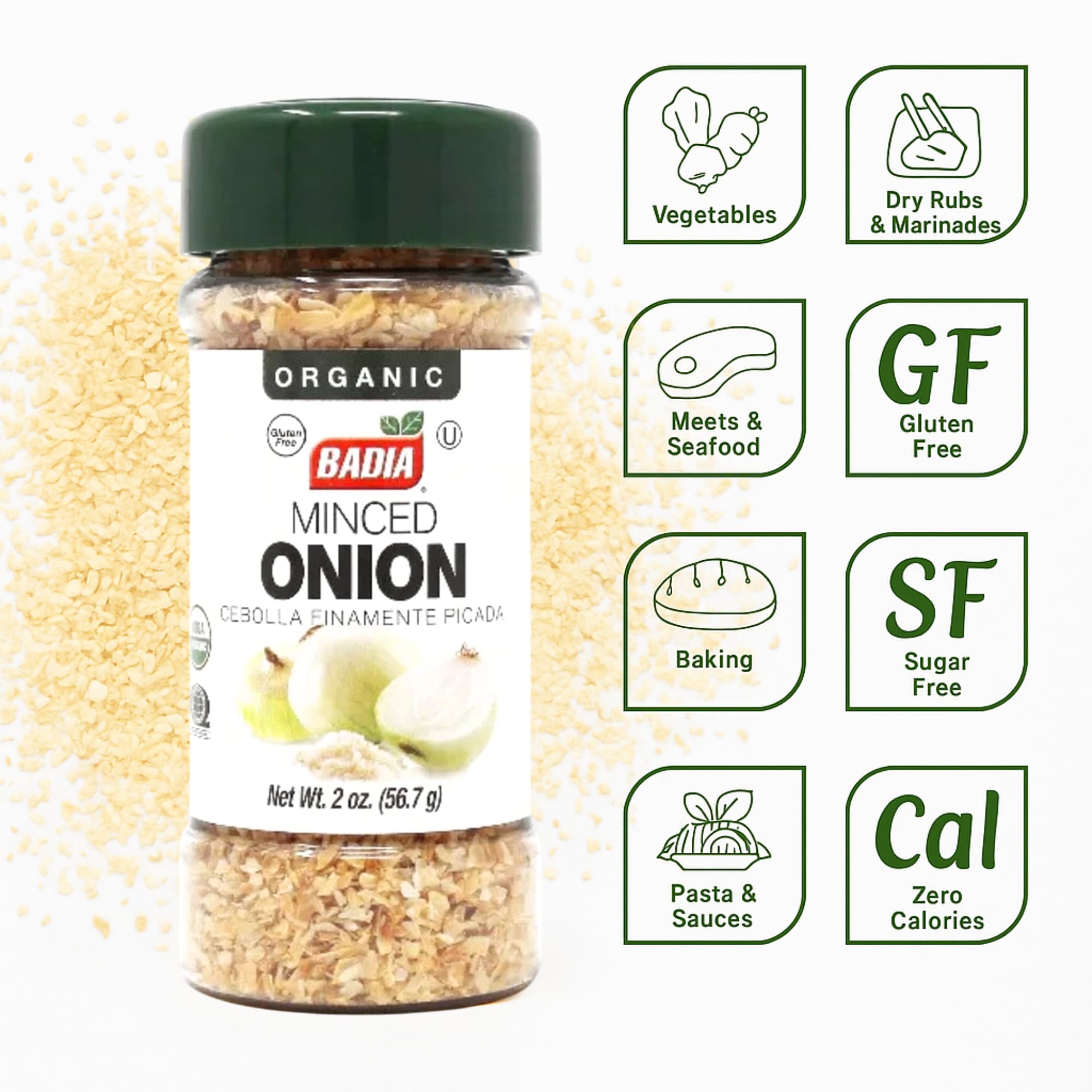 Badia Organic Minced Onion, 2 oz - Dehydrated Onion Flakes for Cooking & Seasoning - Rich, Savory Flavor