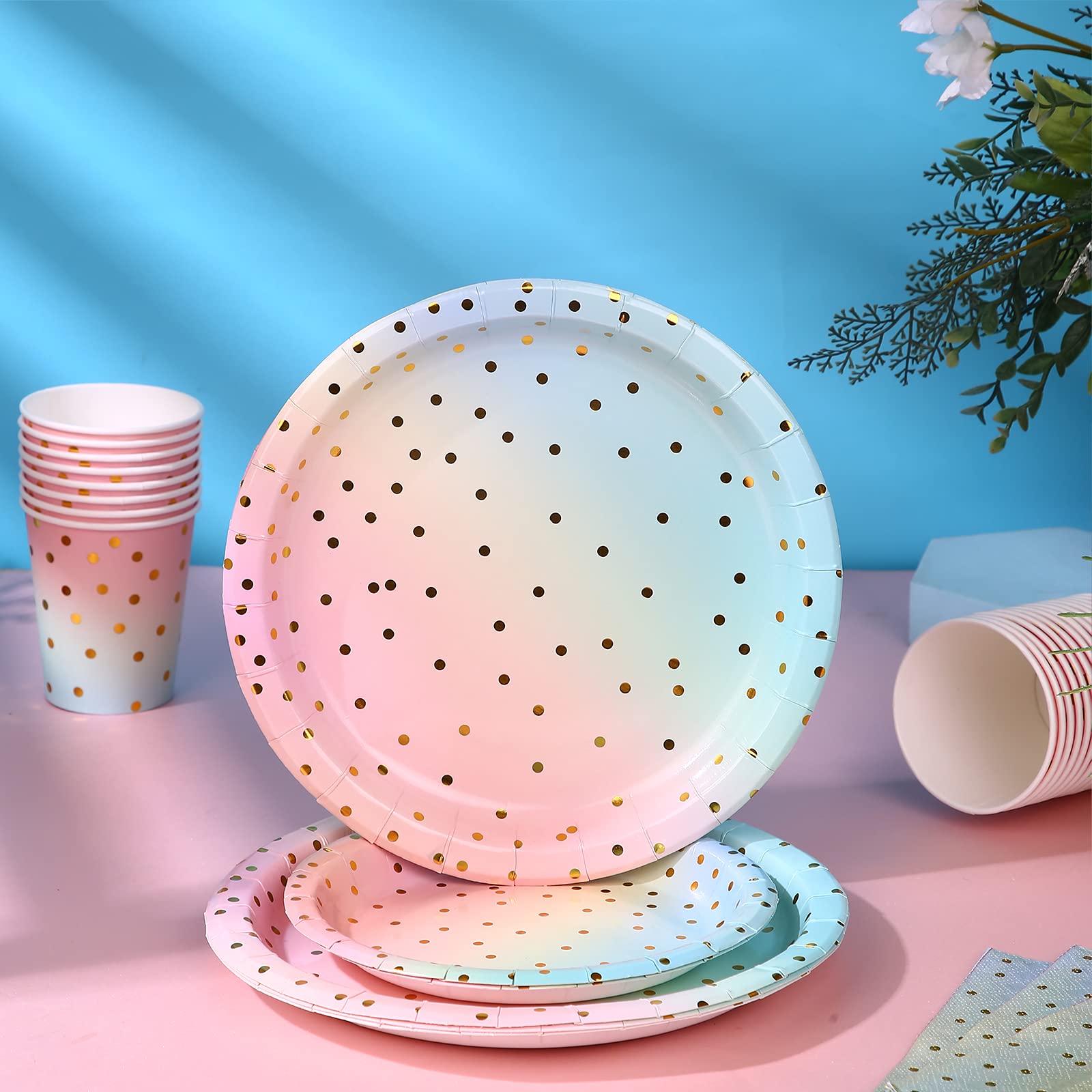 Boocikey 200 Pcs Pastel Party Decorations,Golden Dot Disposable Paper Plates Set,Pastel Plates and Napkins Party Supplies for Birthday Baby Shower