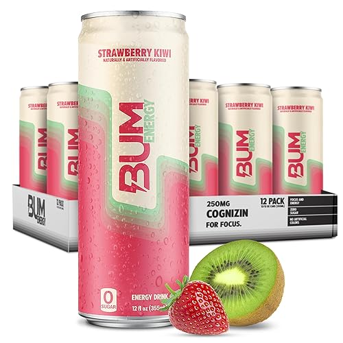 BUM Sugar-Free Energy Drink, Strawberry Kiwi, Lightly Carbonated and Gluten Free with 112mg of Natural Caffeine & Nootropics for Energy & Focus, Brain