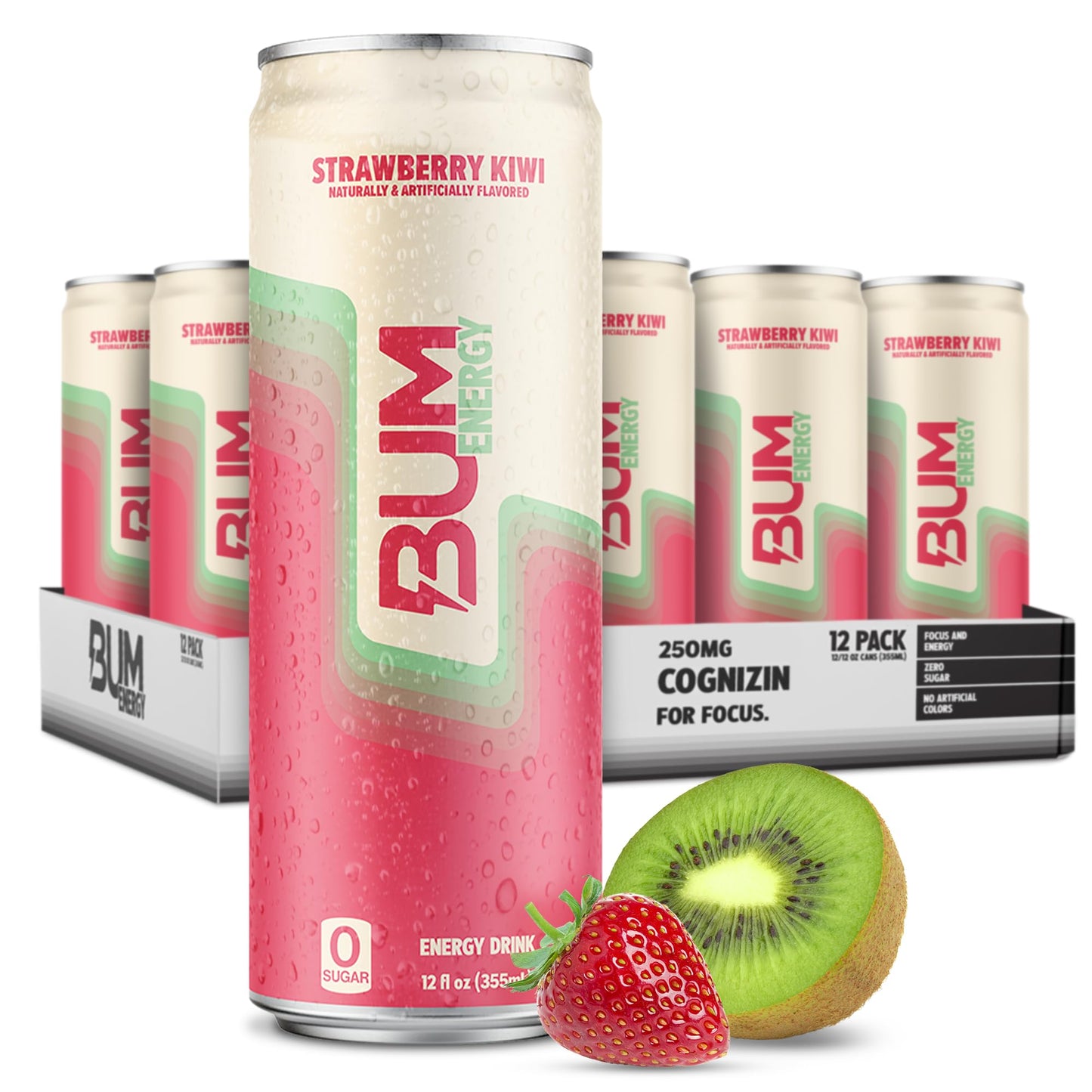 BUM Sugar-Free Energy Drink, Strawberry Kiwi, Lightly Carbonated and Gluten Free with 112mg of Natural Caffeine & Nootropics for Energy & Focus, Brain