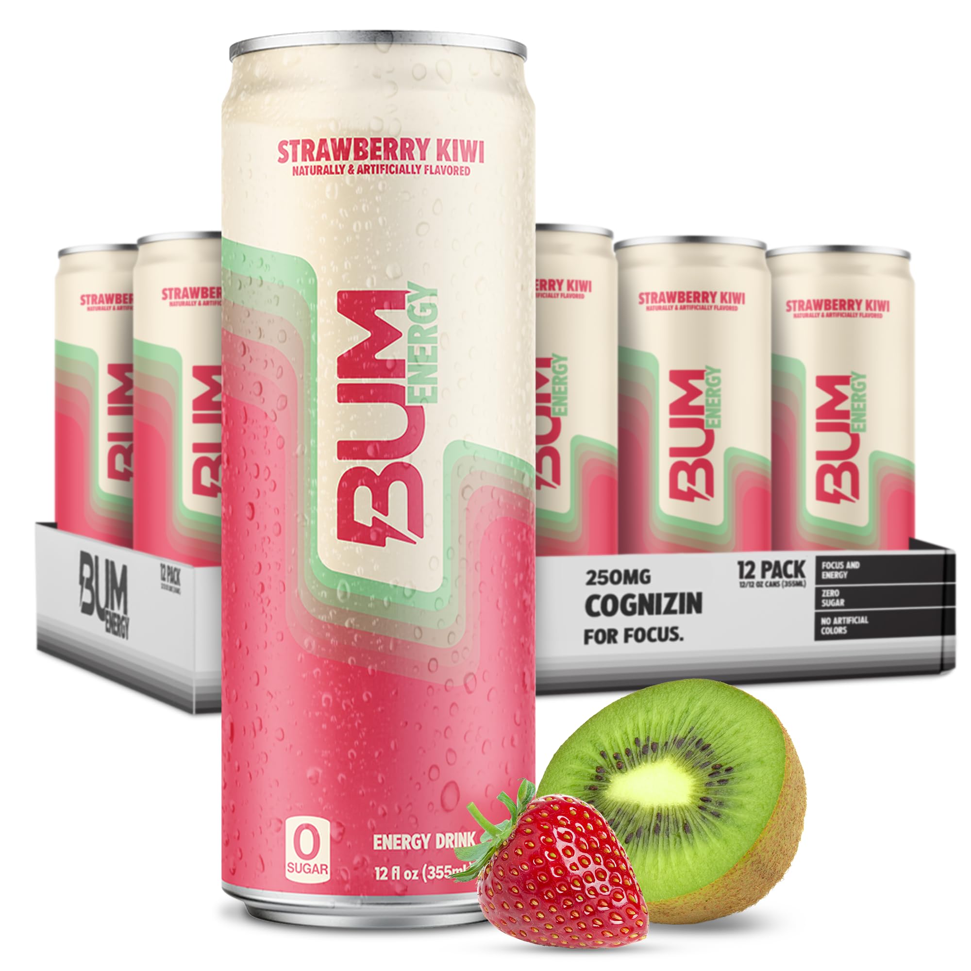 BUM Sugar-Free Energy Drink, Strawberry Kiwi, Lightly Carbonated and Gluten Free with 112mg of Natural Caffeine & Nootropics for Energy & Focus, Brain