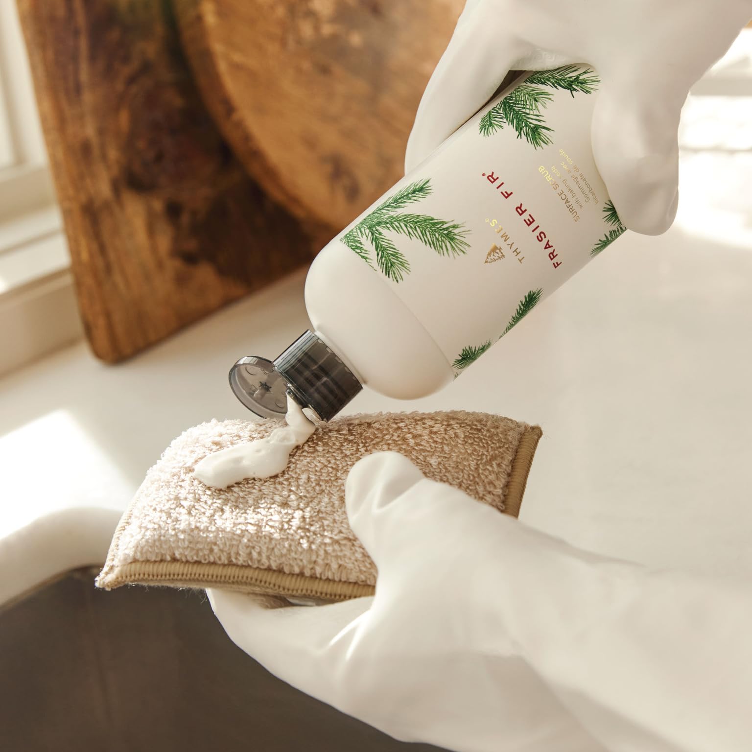 Thymes Soft Surface Scrub - Frasier Fir - Multipurpose Surface Cleaner - - Pine Scented Stain Remover with Baking Soda, Fennel & Parsley Extracts