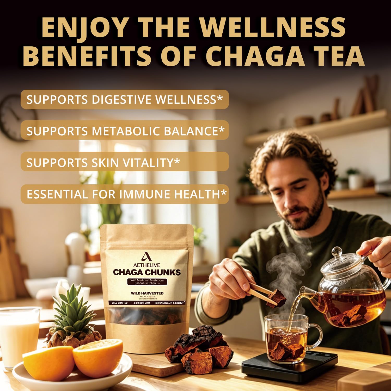Chaga Mushroom Chunks - 8 Ounce, 100% Wild Harvested with Black Top Crust, Premium Raw Chaga Tea Chunks - Antioxidants, Focus, Healthy Drinks