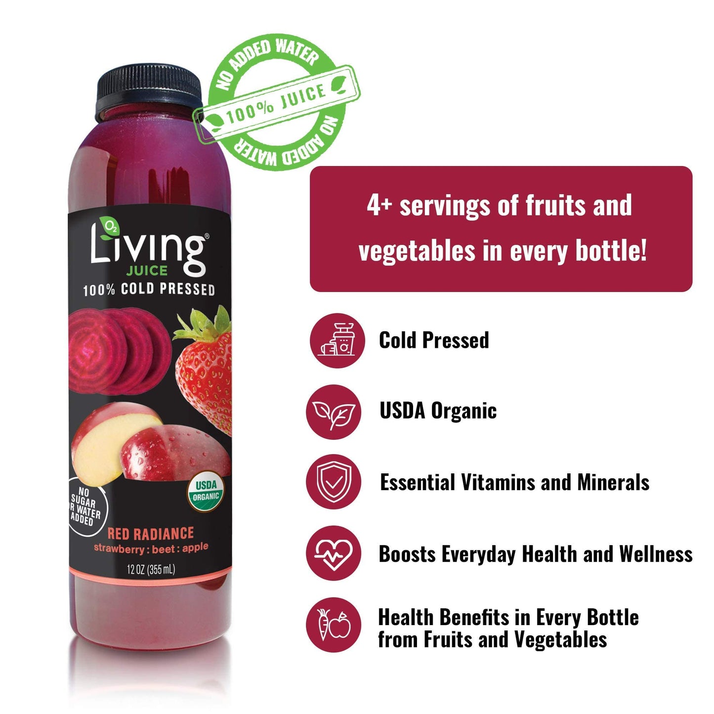 O2 Living Juice Cold Pressed Drink - Red Radiance Organic Juice Pack - No Added Sugar or Water, Naturally Sweetened from Fruits, Rich in Nutrients