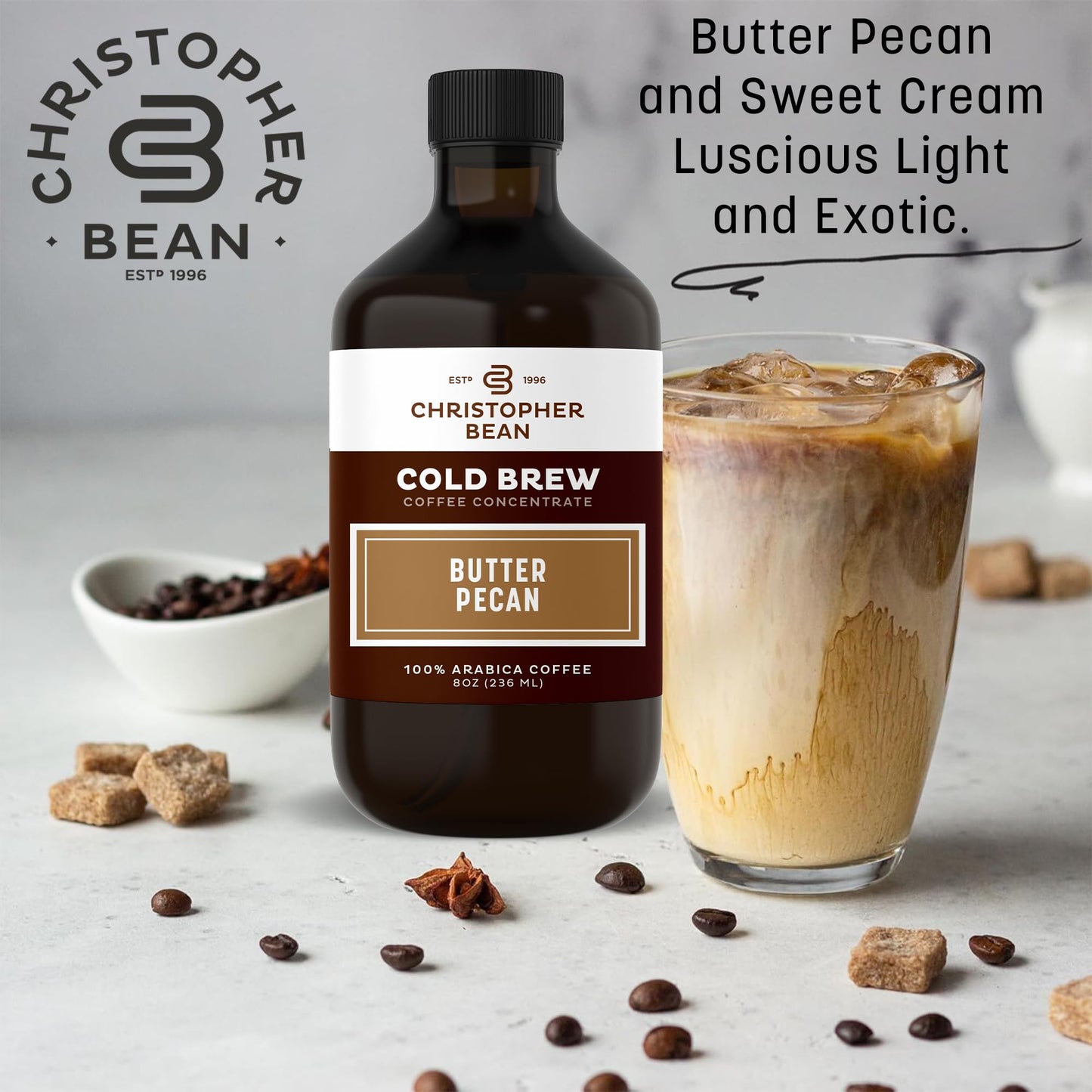 Christopher Bean Hand Crafted Butter Pecan Flavored Coffee - Certified Kosher - Unsweetened Cold Brew & Iced Instant Coffee Distillate Liquid Java