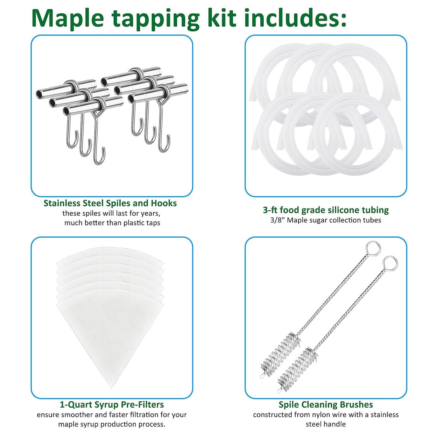 ARGCONNER Maple Syrup Tapping Kit - (6) Stainless Steel Spiles and Hooks, (6) 3-ft Food Grade Tubing, (6) 1-Quart Syrup Pre-Filters, (2) Spile