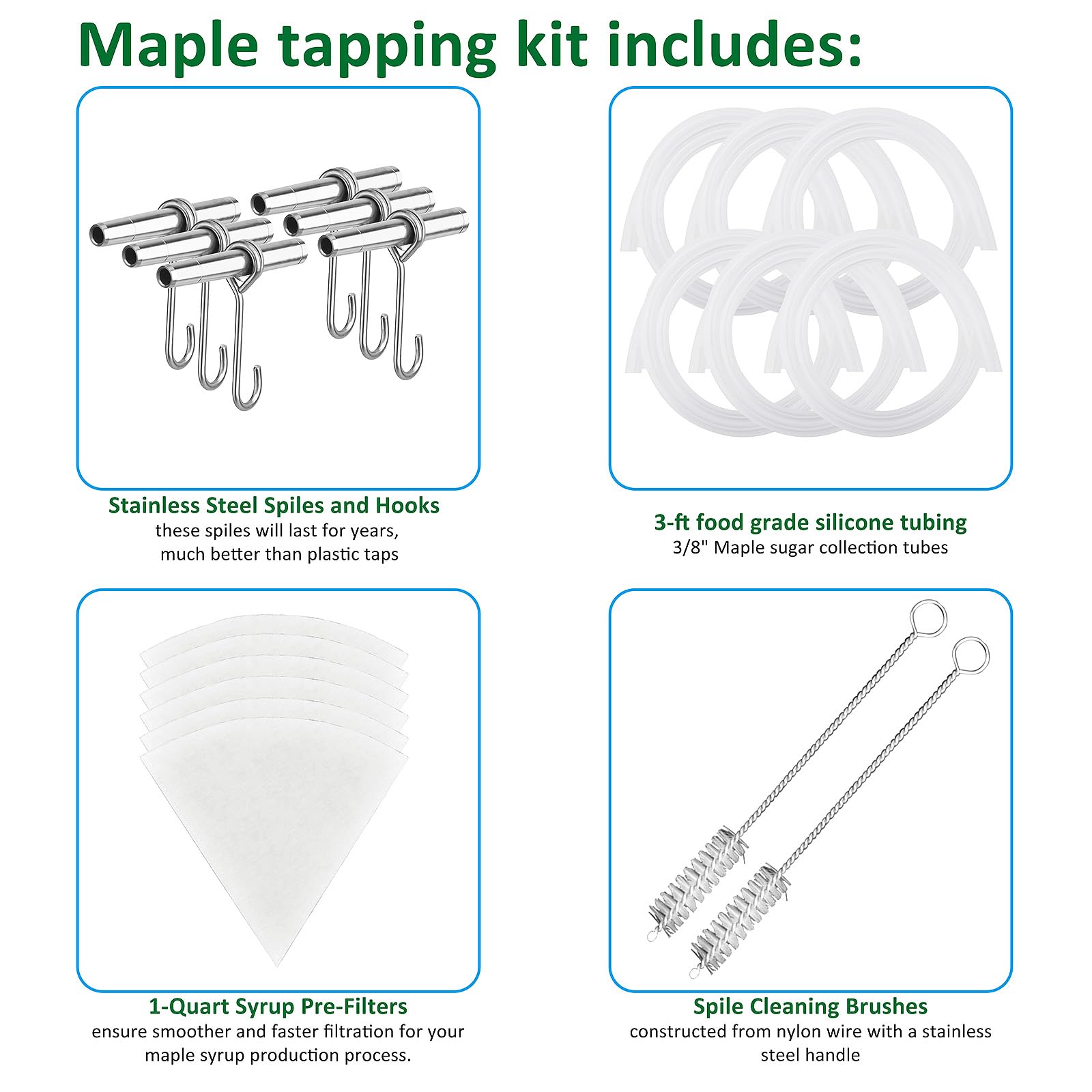 ARGCONNER Maple Syrup Tapping Kit - (6) Stainless Steel Spiles and Hooks, (6) 3-ft Food Grade Tubing, (6) 1-Quart Syrup Pre-Filters, (2) Spile