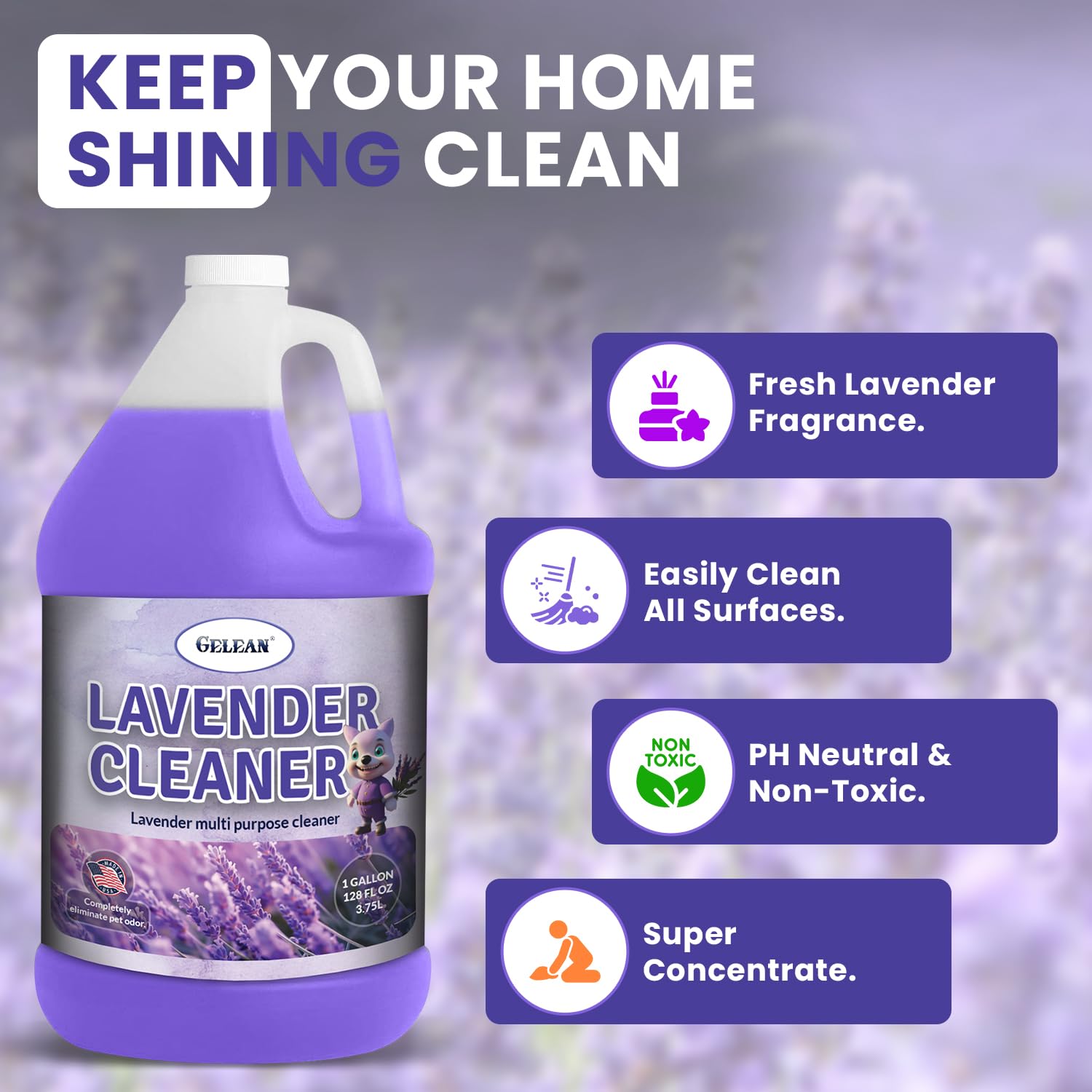 GELEAN LAVENDER Multi Purpose Cleaner & Deodorant - MADE IN USA - Concentrate Lavender cleaner - Strong Odor Floor Cleaner - Floor Cleaner Odor