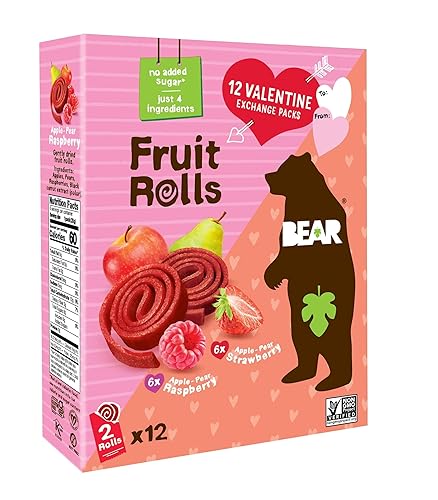 Bear Valentines Day Strawberry & Raspberry Fruit Rolls Variety Pack, 12 Pack (2 Rolls Per Pack) - Gluten Free, Vegan, and Non-GMO - Healthy School