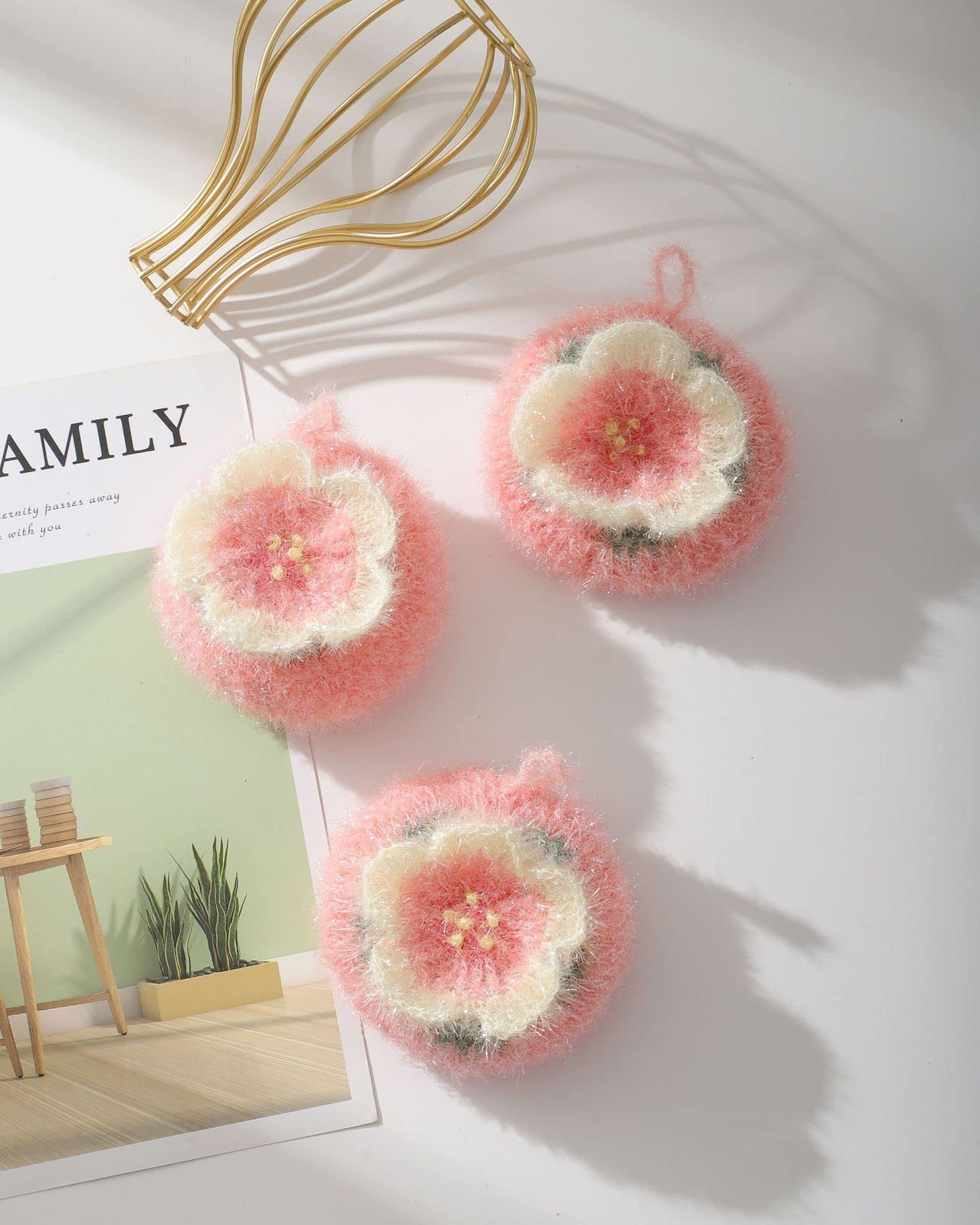 Cherry Blossom Shaped Acrylic Dish Scrubber, Flower Shaped Hand Crochet Non-Scratch Dish Sponge, Pink Flower Shaped Kitchen Sponge Washing Dishes
