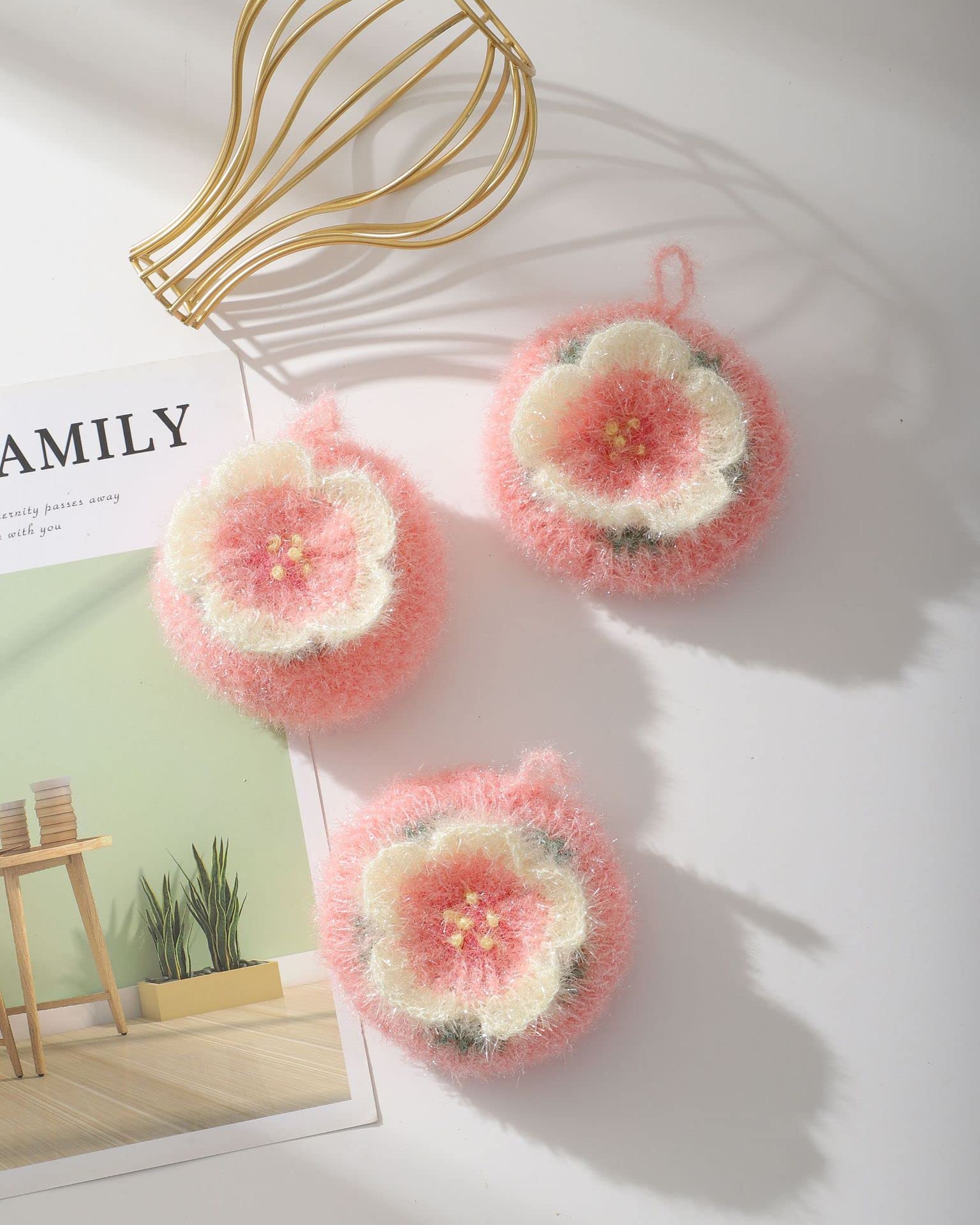 Cherry Blossom Shaped Acrylic Dish Scrubber, Flower Shaped Hand Crochet Non-Scratch Dish Sponge, Pink Flower Shaped Kitchen Sponge Washing Dishes