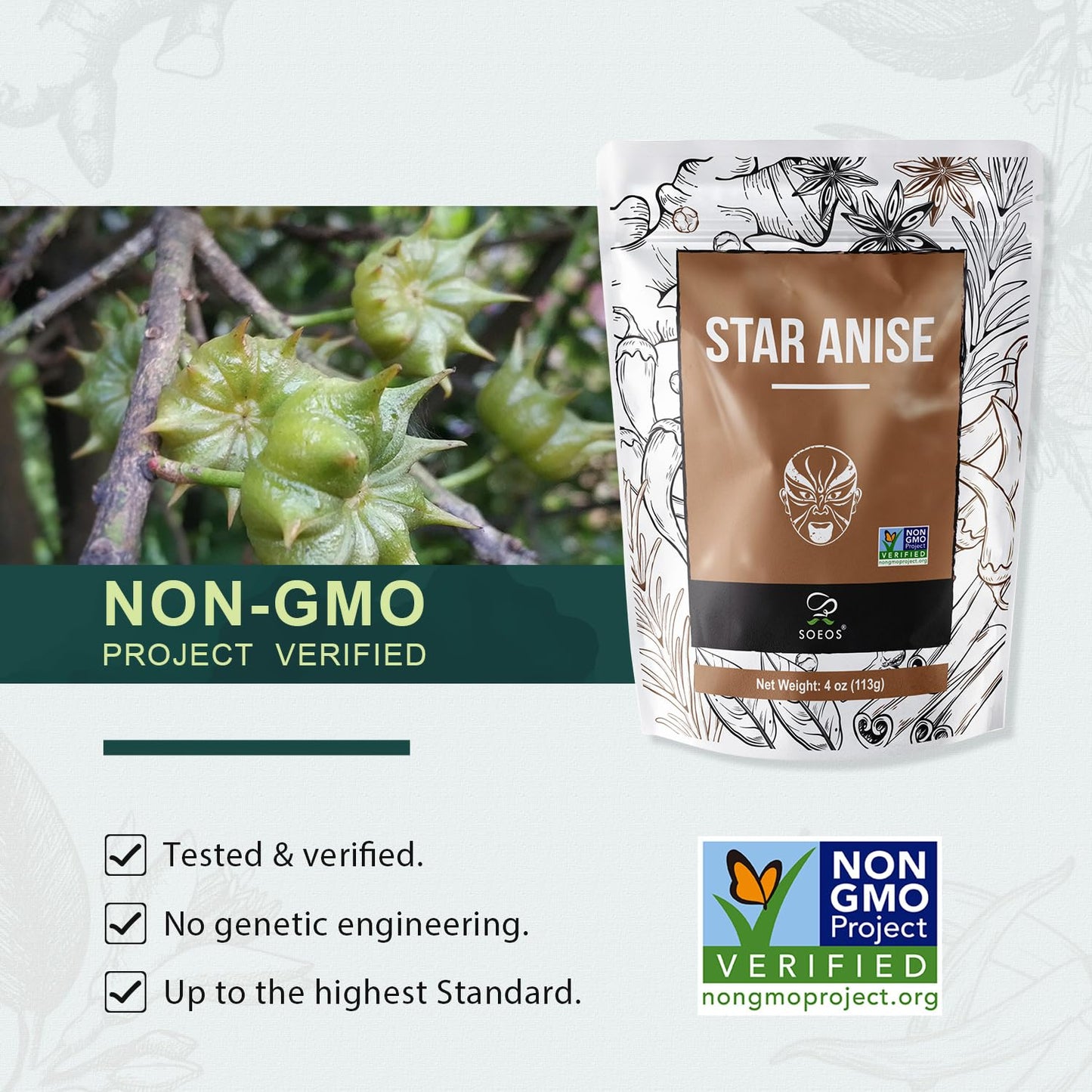 Soeos Star Anise, 4 Ounce, Star Anise Whole, Anise Seeds for Baking and Tea, NON-GMO Verified