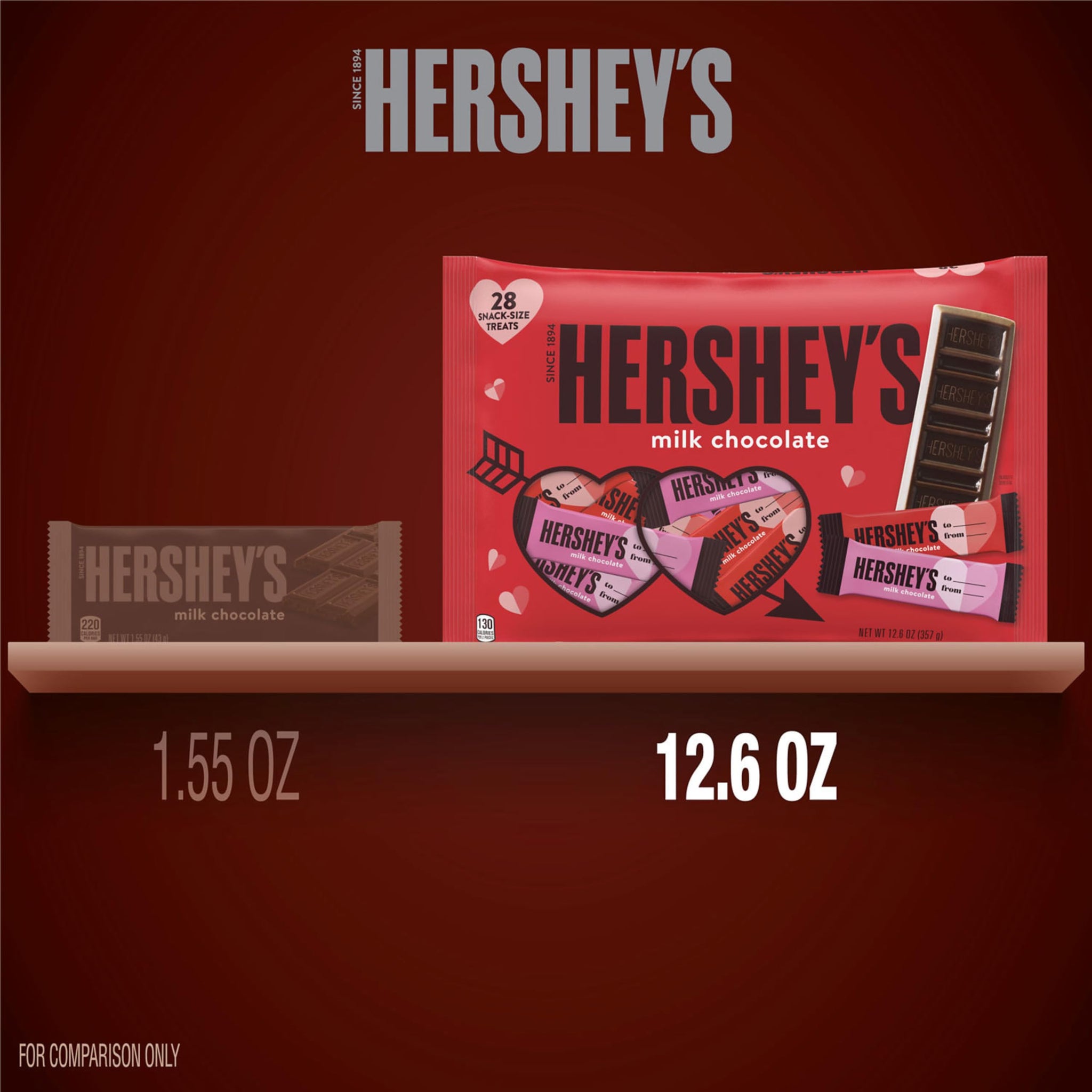 HERSHEY'S Milk Chocolate Snack Size, Valentine's Day Candy Bag, 12.6 oz (28 Pieces)