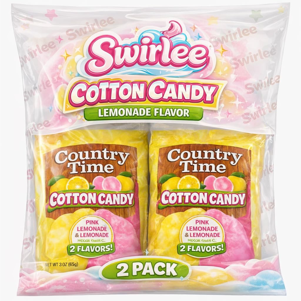 Swirlee Country Time Lemonade Cotton Candy - Sweet & Tangy Sugar Floss Candy, Soft Fluffy Treat, 2 Pack Party Snack