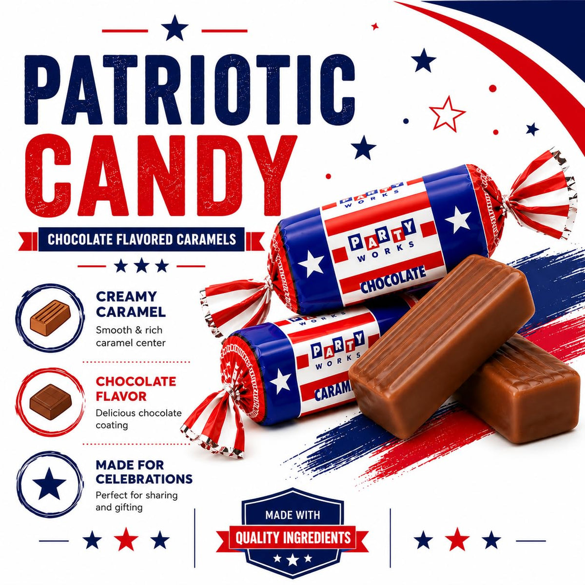 Chocolate Caramel Candy Patriotic Wrapped Chewy Party Treats Individually Wrapped Candy for Candy Bowls Holiday Parties BBQ Favors Sweet Chocolate