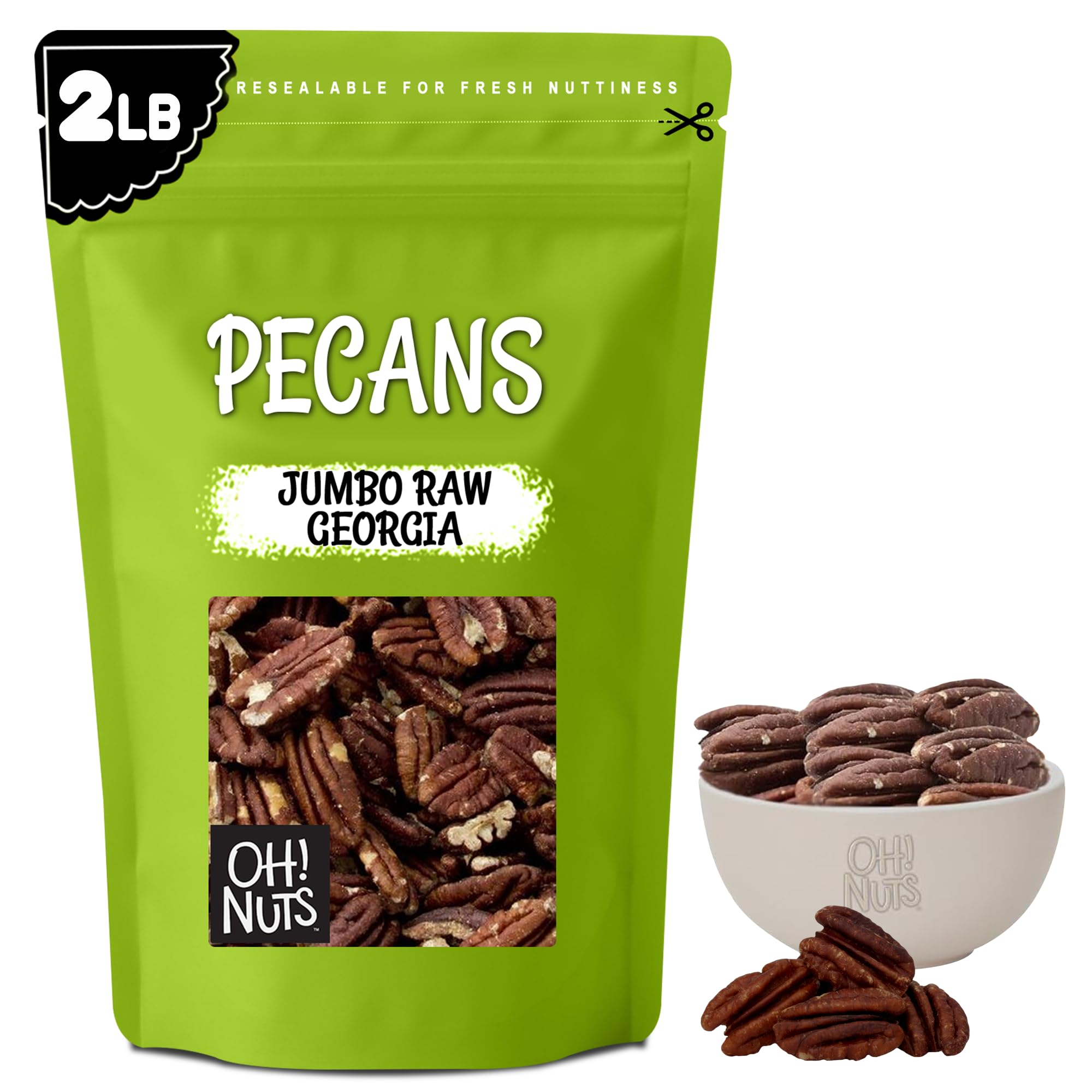 Oh! Nuts Pecans Halves & Wholes - Raw - 100% Natural - 2 lb - Raw Georgia Pecans - Packed in New York Zip-Seal Bag for Exceptional Freshness