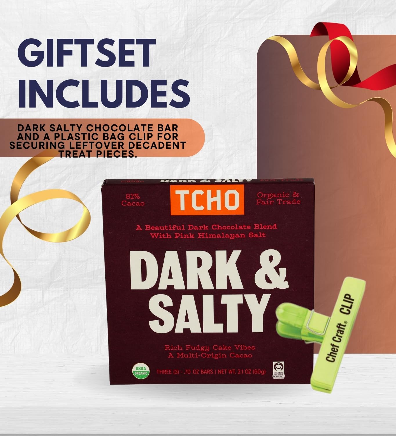 Bar Choc Dark And Salty, 2.5 OZ Bundle with Plastic Bag Clip - Rich Chocolate with Salty Crunch for Snacking and Resealable Bag Clip for Freshness