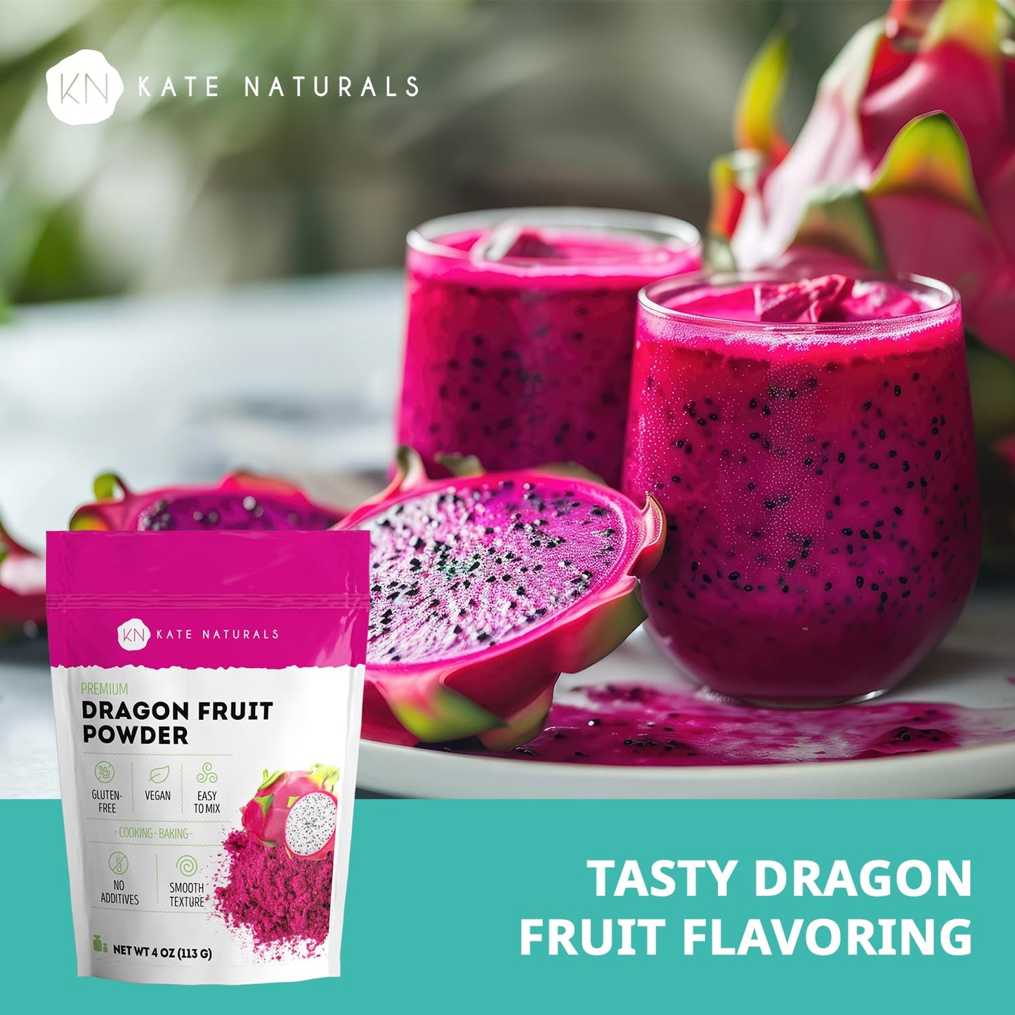 Kate Naturals Dragon Fruit Powder for Baking & Drinks (4oz). Vegan, Gluten Free Dried Pink Pitaya Powder for Dragonfruit Syrup, Smoothies & Food