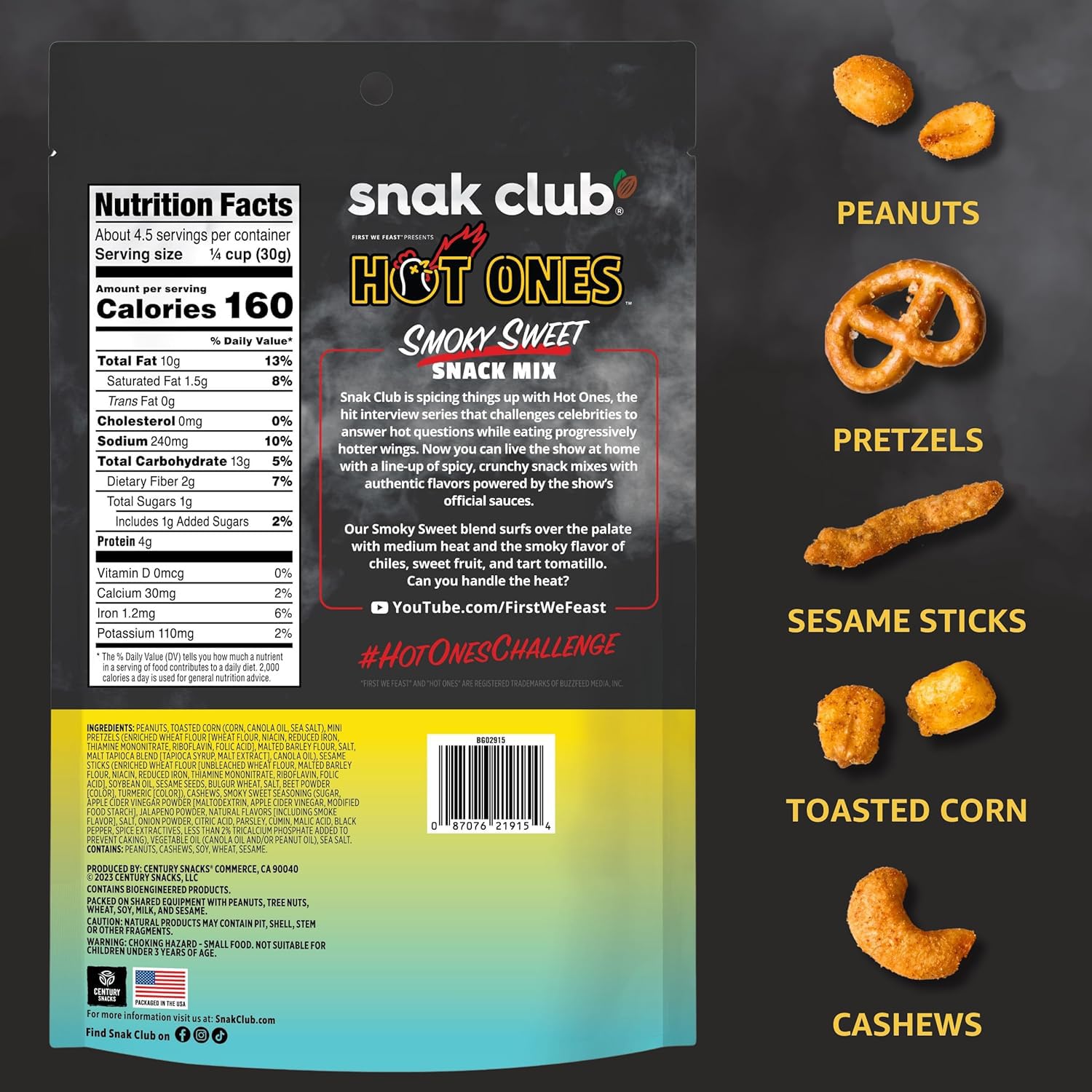 Snak Club x Hot Ones Smoky Sweet Snack Mix, Spicy Snacks with Peanuts, Pretzels, Sesame Sticks, Toasted Corn & Cashews, Inspired by Hot Ones Hot