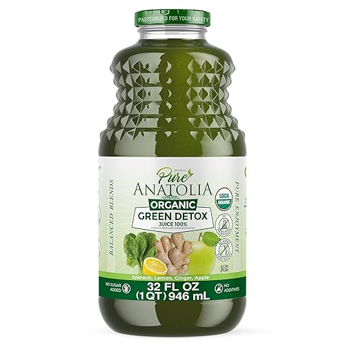 Pure Anatolia Organic Green Juice Detox Blend 32 fl oz - Cold Pressed Vegetable & Fruit Drink with Spinach, Apple, Ginger, Lemon - Fresh Pressed