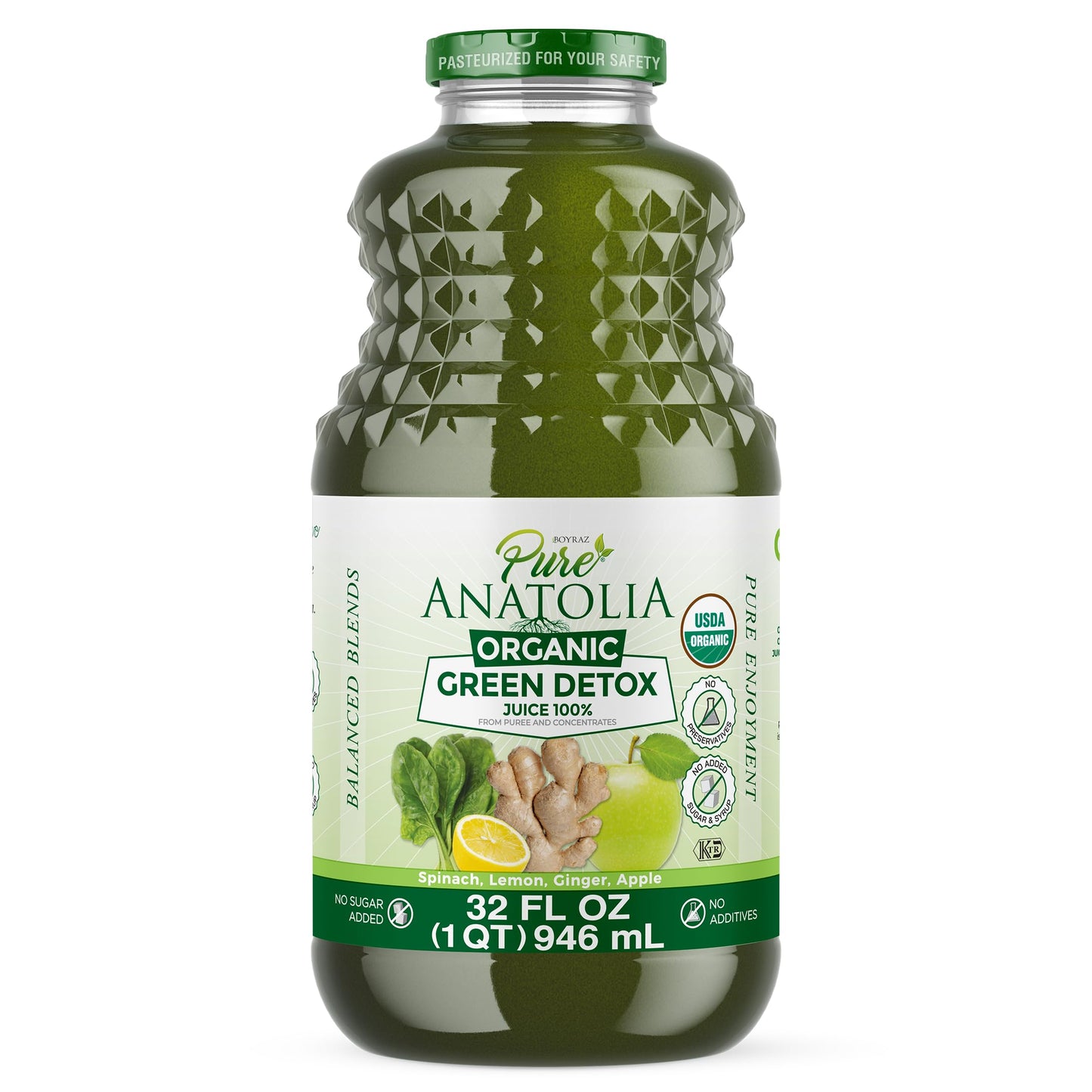 Pure Anatolia Organic Green Juice Detox Blend 32 fl oz - Cold Pressed Vegetable & Fruit Drink with Spinach, Apple, Ginger, Lemon - Fresh Pressed