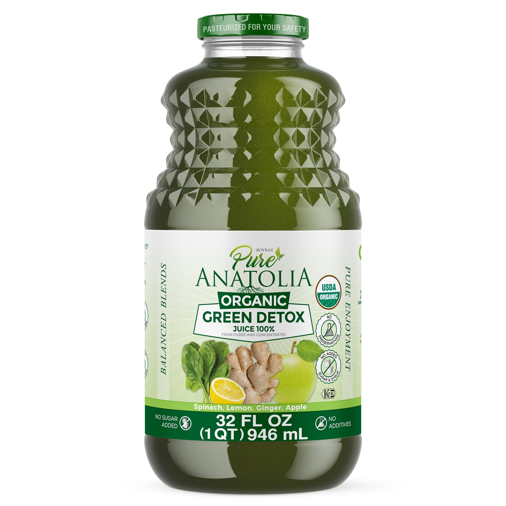 Pure Anatolia Organic Green Juice Detox Blend 32 fl oz - Cold Pressed Vegetable & Fruit Drink with Spinach, Apple, Ginger, Lemon - Fresh Pressed
