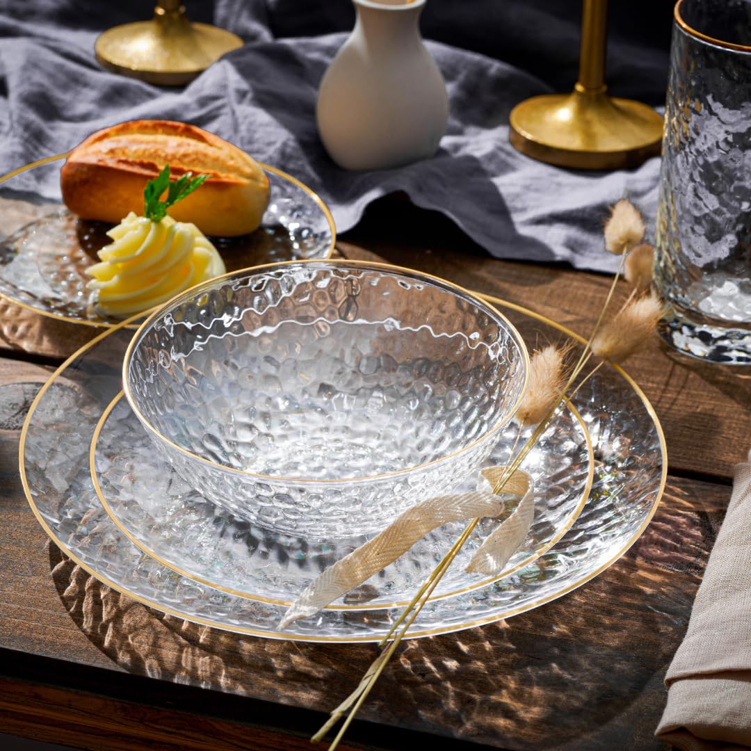 R-kay 100 Pack Clear Plastic Plates - 6.25 IN Hammered Gold Rimmed Sturdy, Durable And Extra Heavy duty Gold Plastic Dessert Plates Disposable - Ideal