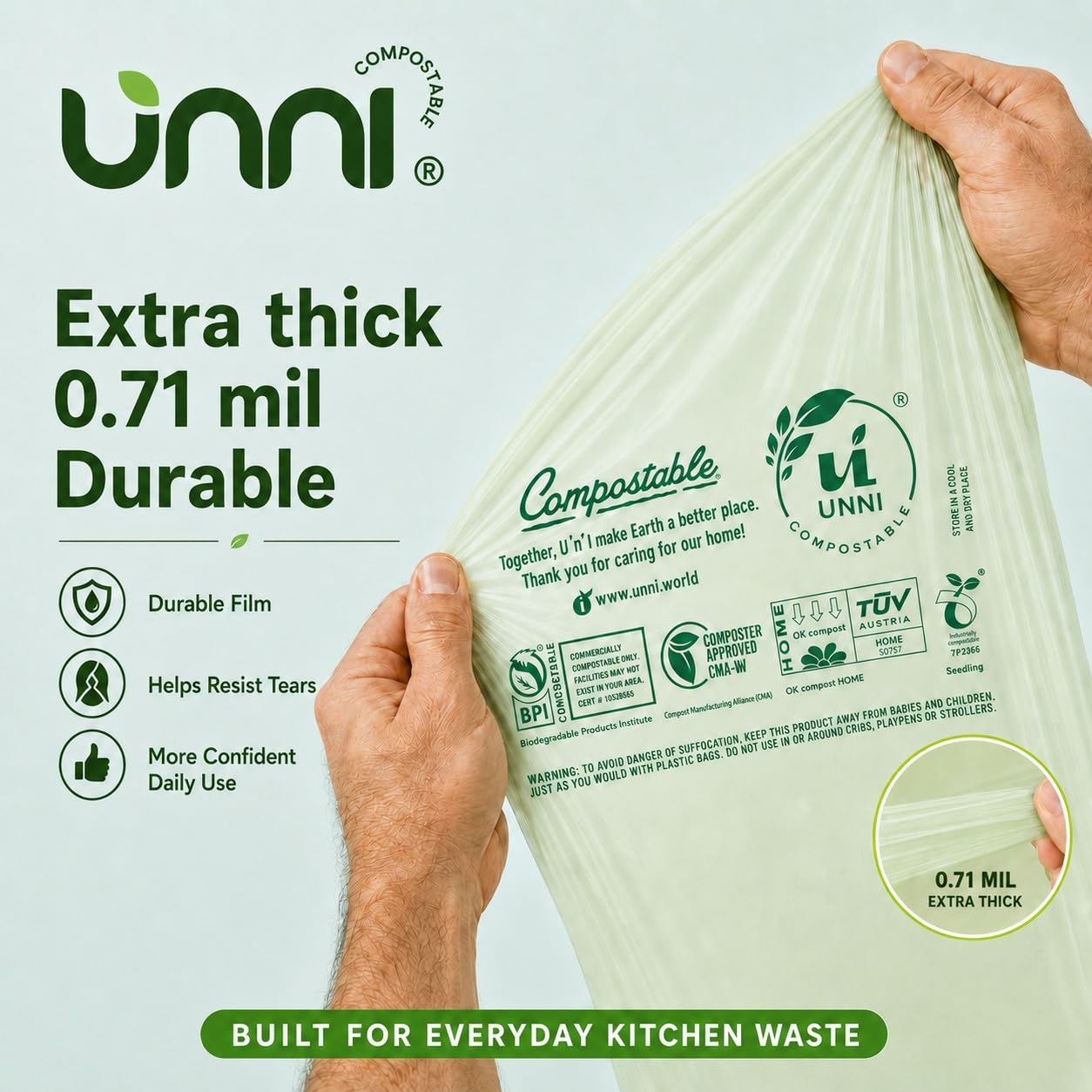 UNNI Compostable Trash Bags, 2.6 Gallon / 9.84 Liter, 100 Count, Extra Thick 0.71 Mil Small Kitchen Food Scrap Bin Liners, Certified by BPI, CMA & OK