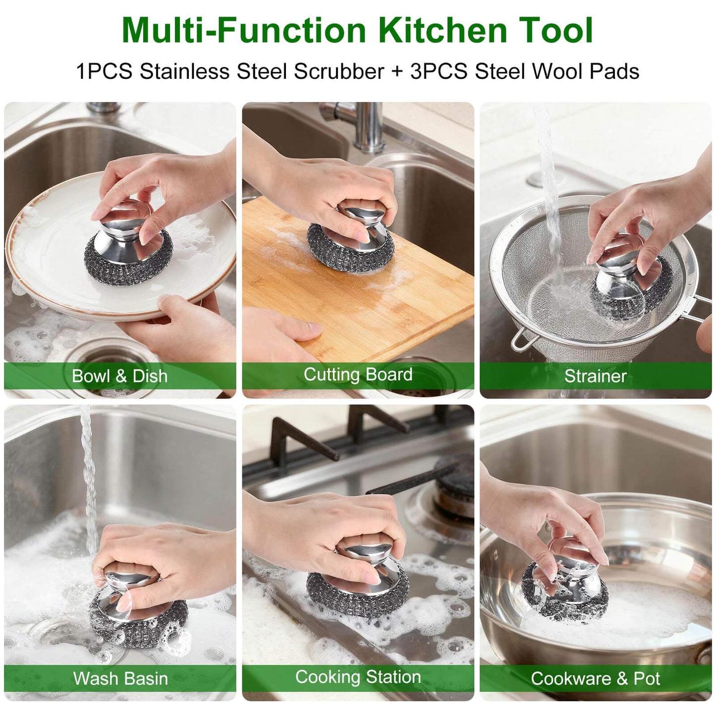 4PCS Steel Wool Scrubber Pads, Stainless Steel Scrubber Set with 3Pcs Steel Wool Pads, Steel Scrubber for Dishes, Ideal for Cleaning Cast Iron, Pots