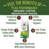 Peak Performance High Altitude Organic Coffee - Fair Trade, Low Acid, Non GMO, and Beans Full of Antioxidants - Medium Roast Smooth Tasting USDA