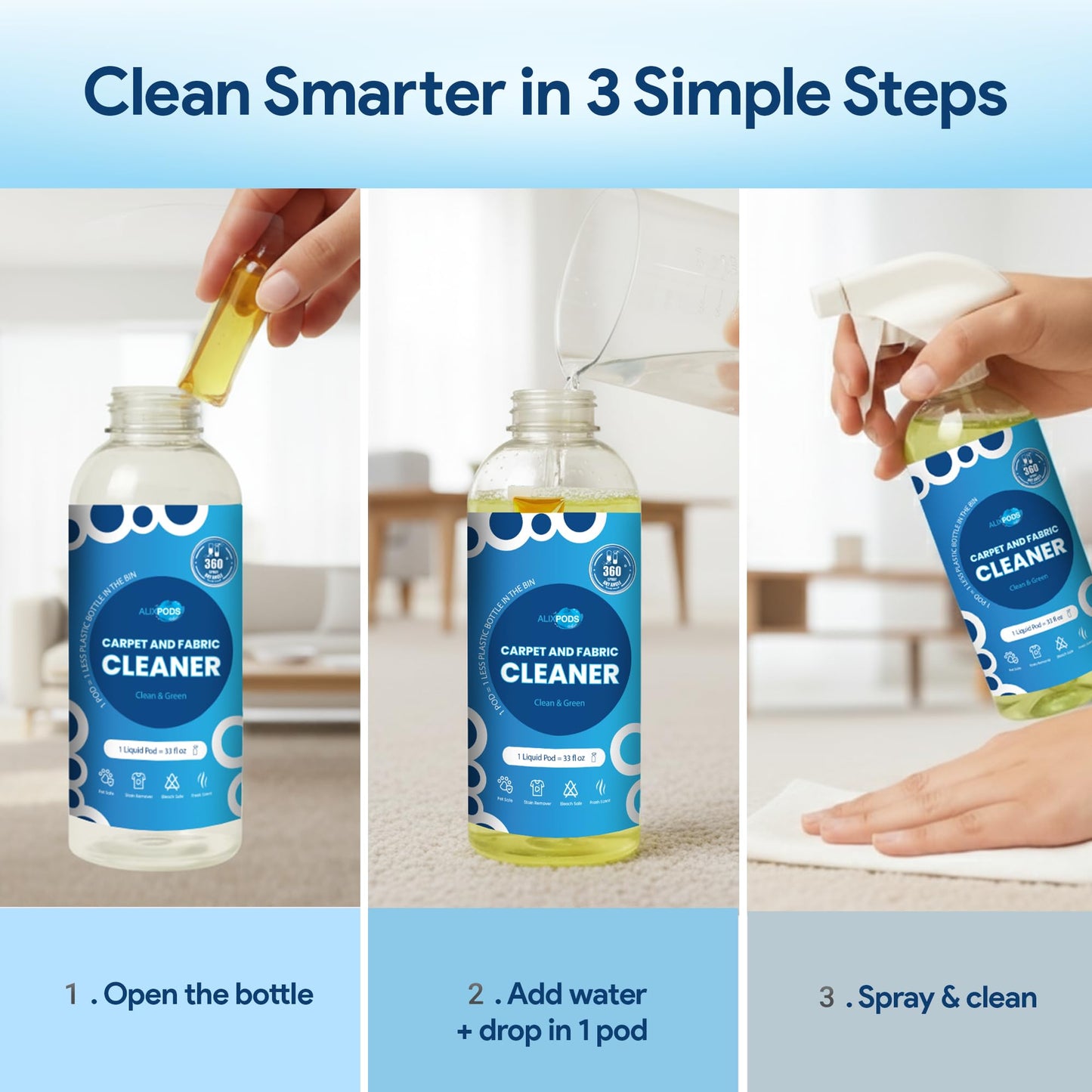 AlixPods stain remover spray - Spot Cleaner for Carpet, Upholstery, Rugs & Fabric | Pet Stain & Odor Remover | Just Add Water Starter Kit