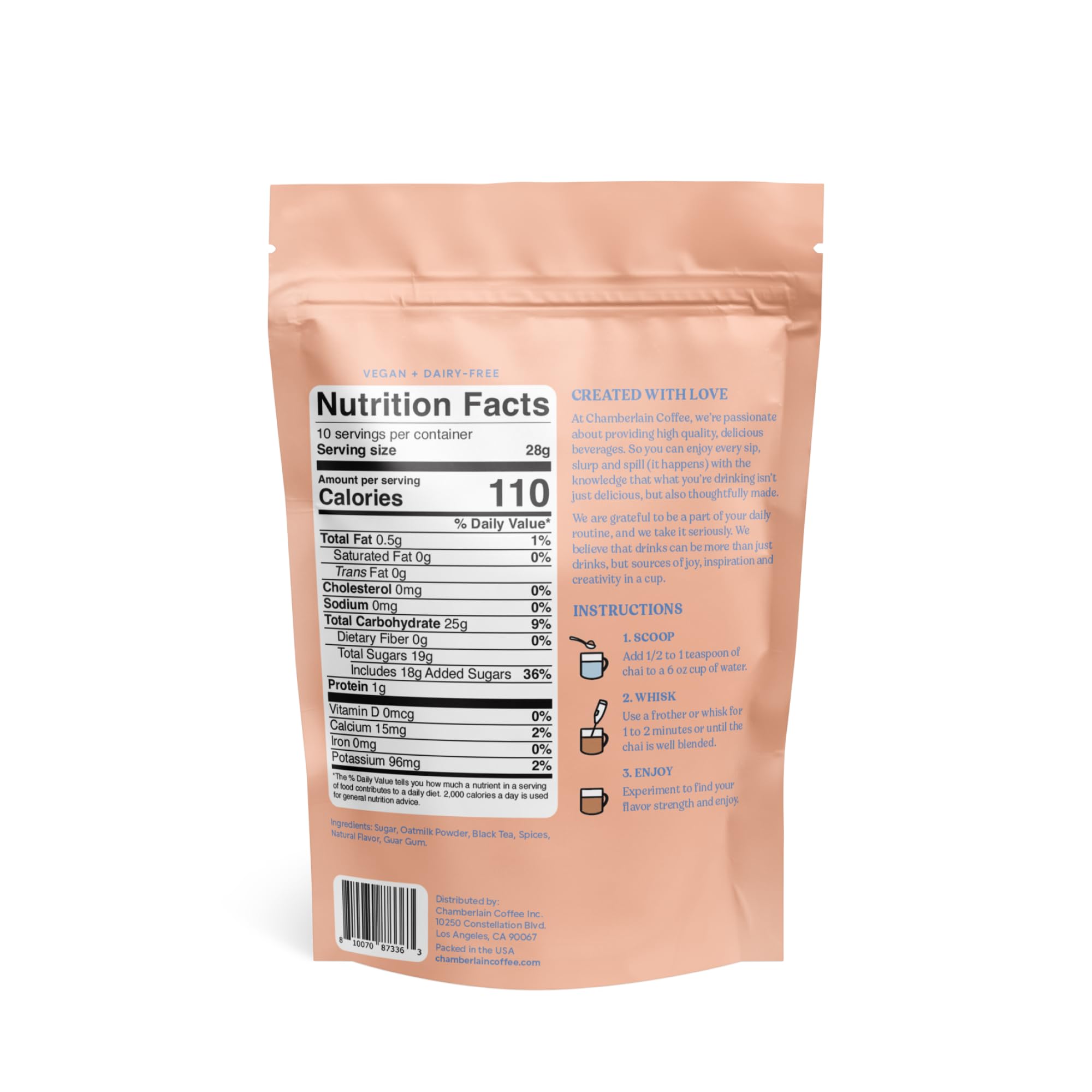 Chamberlain Coffee Chai Tea Mix - Vegan Chai Tea Latte, Made with Oat Milk and Spices, Creamy Powder for Hot and Iced Instant Latte, Cafe Quality - 10