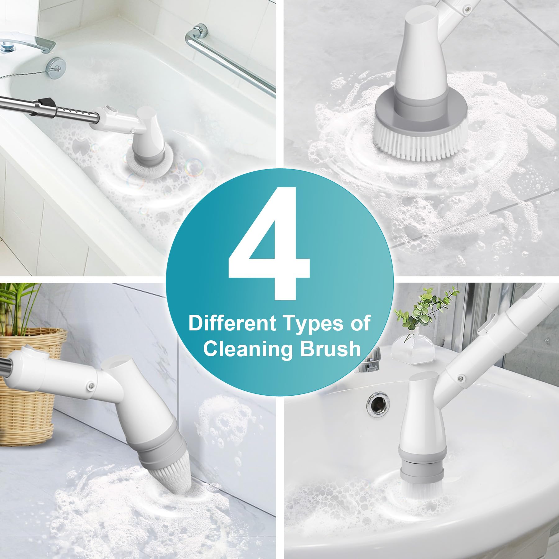 Ultrean Spin Brush, Cordless Electric Spin Scrubber with 4 Replaceable Brush Heads Adjustable Extension Handle, 2 Speed Shower Scrubber for Cleaning