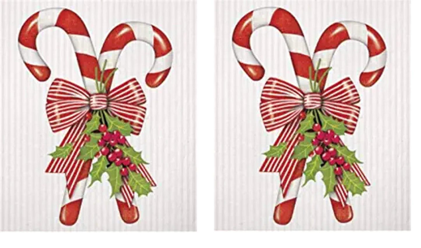 2 Mary Lake Thompson Reusable Kitchen Sponge Cloths, Candy Canes with Ribbon