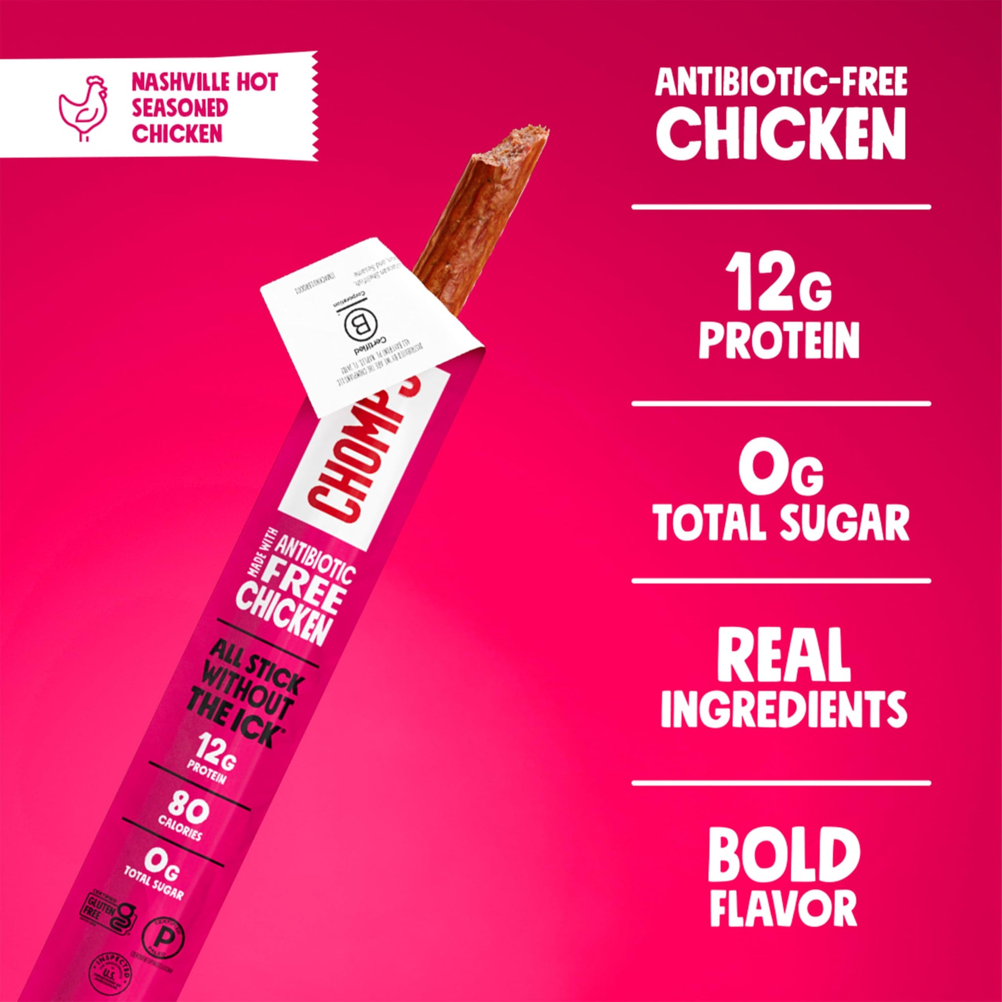 Chomps Nashville Hot Chicken Jerky Meat Snack Sticks 10-Pack - Keto, Paleo, Low Carb, Whole30 Approved, 12g Lean Meat Protein, Gluten Free, Antibiotic