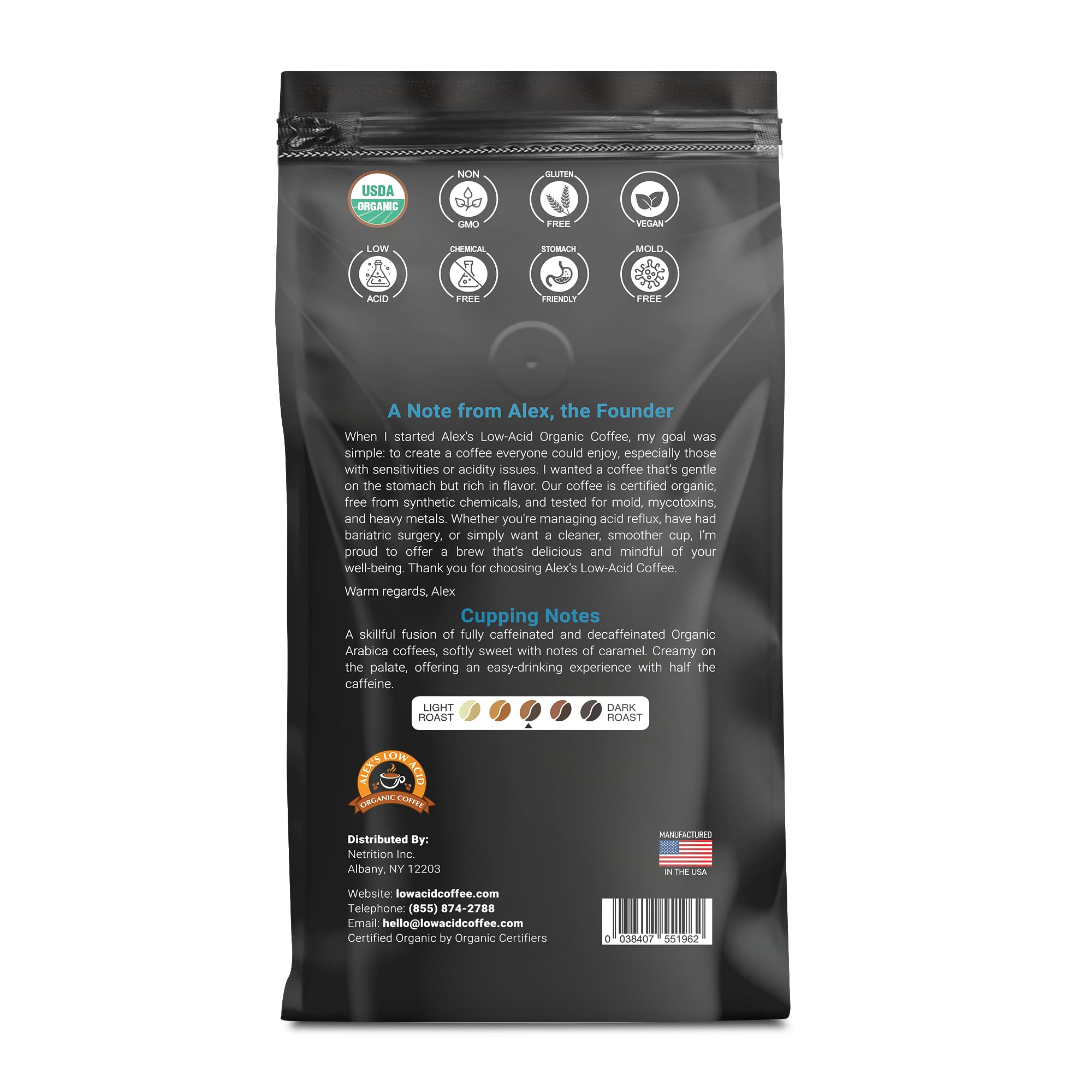 Alex's Low Acid Organic Coffee 12oz Bag - Half Caff Whole Bean (Pack of 3)